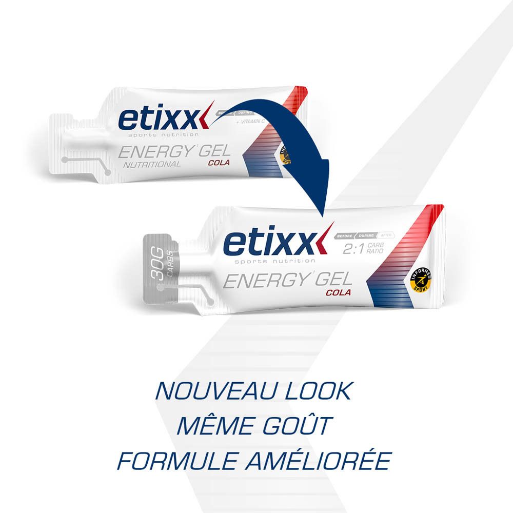 Deux sachets de gel énergétique. Nouveau look, même goût, formule améliorée.