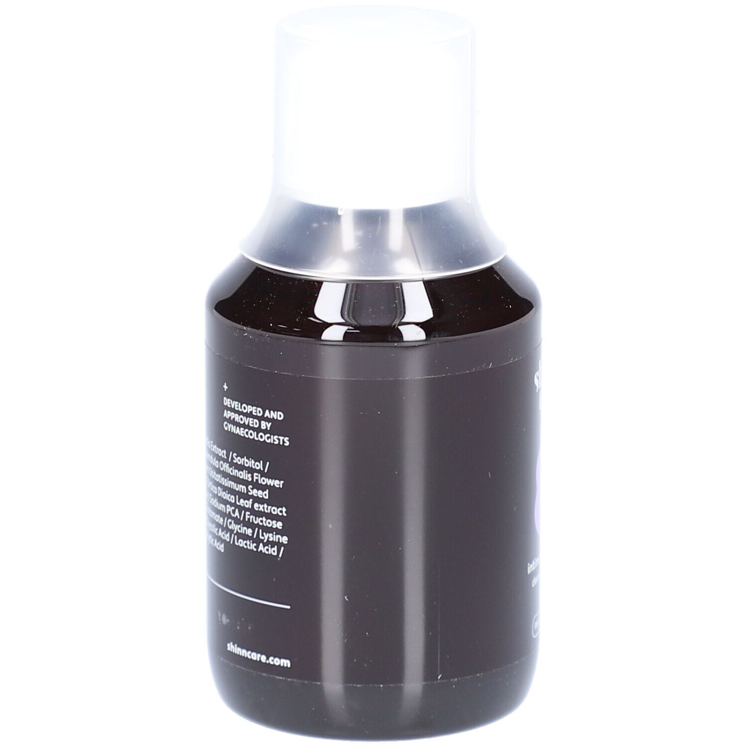 Flacon foncé avec bouchon blanc. Ingrédients et logo visibles. Développé et approuvé par des gynécologues.