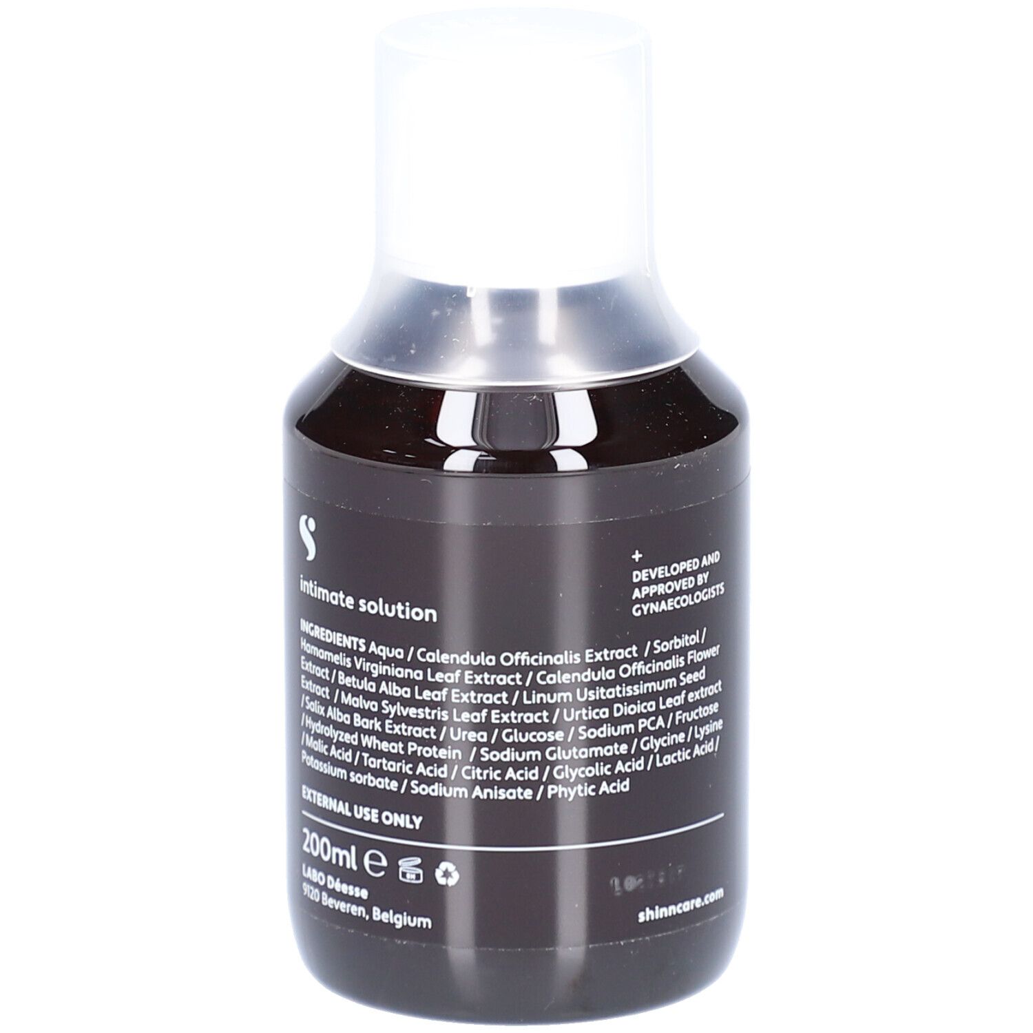 Flacon foncé avec bouchon blanc. Ingrédients, logo et volume visibles. 200ml. Approuvé par des gynécologues.