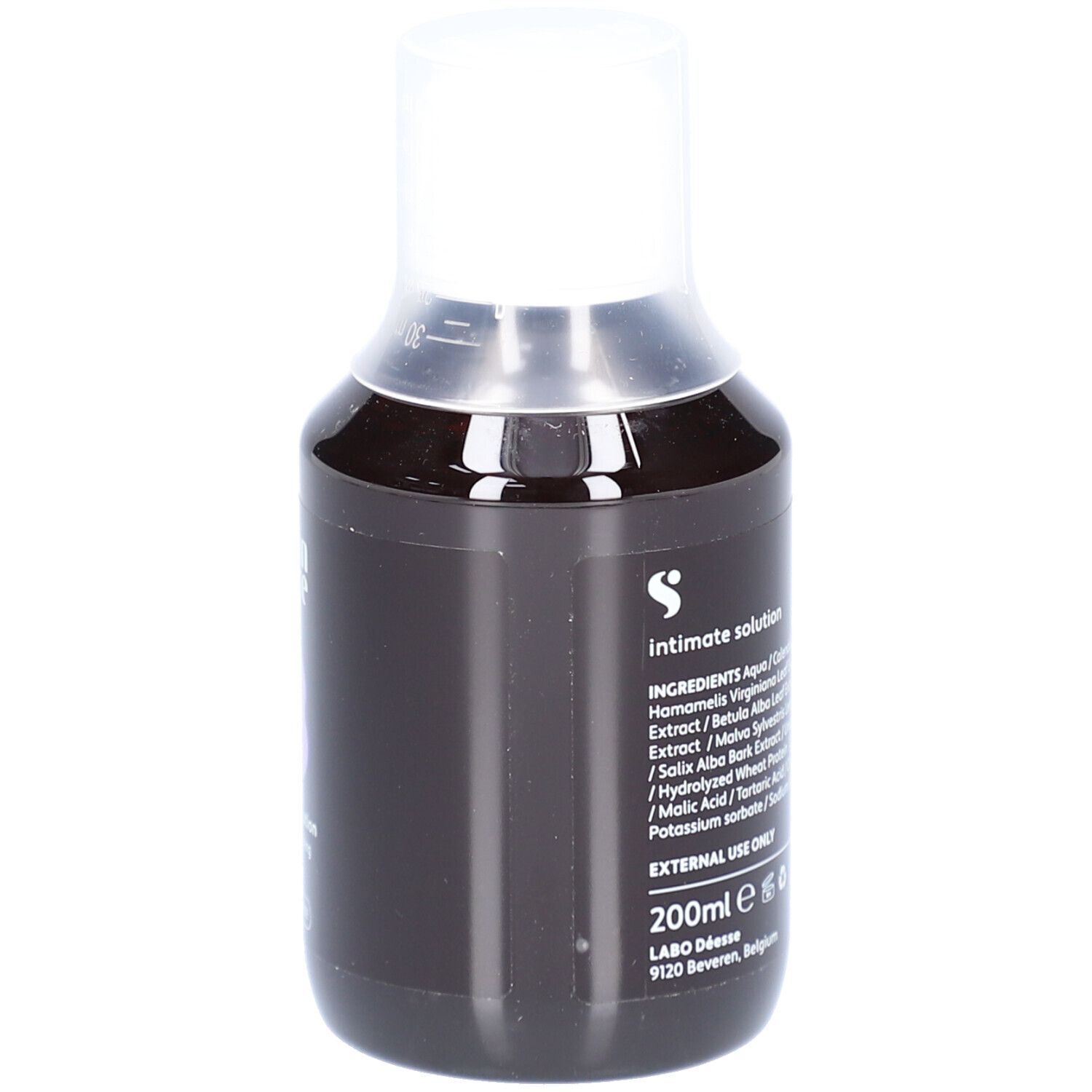 Flacon foncé avec bouchon blanc. Ingrédients, logo et volume visibles. 200ml. Approuvé par des gynécologues.