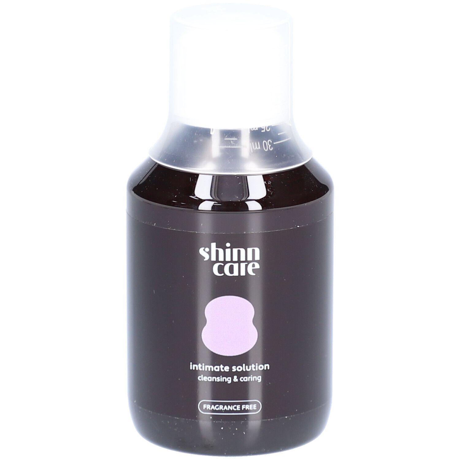 Flacon foncé avec bouchon blanc. Logo, nom du produit et 'FRAGRANCE FREE' visibles.