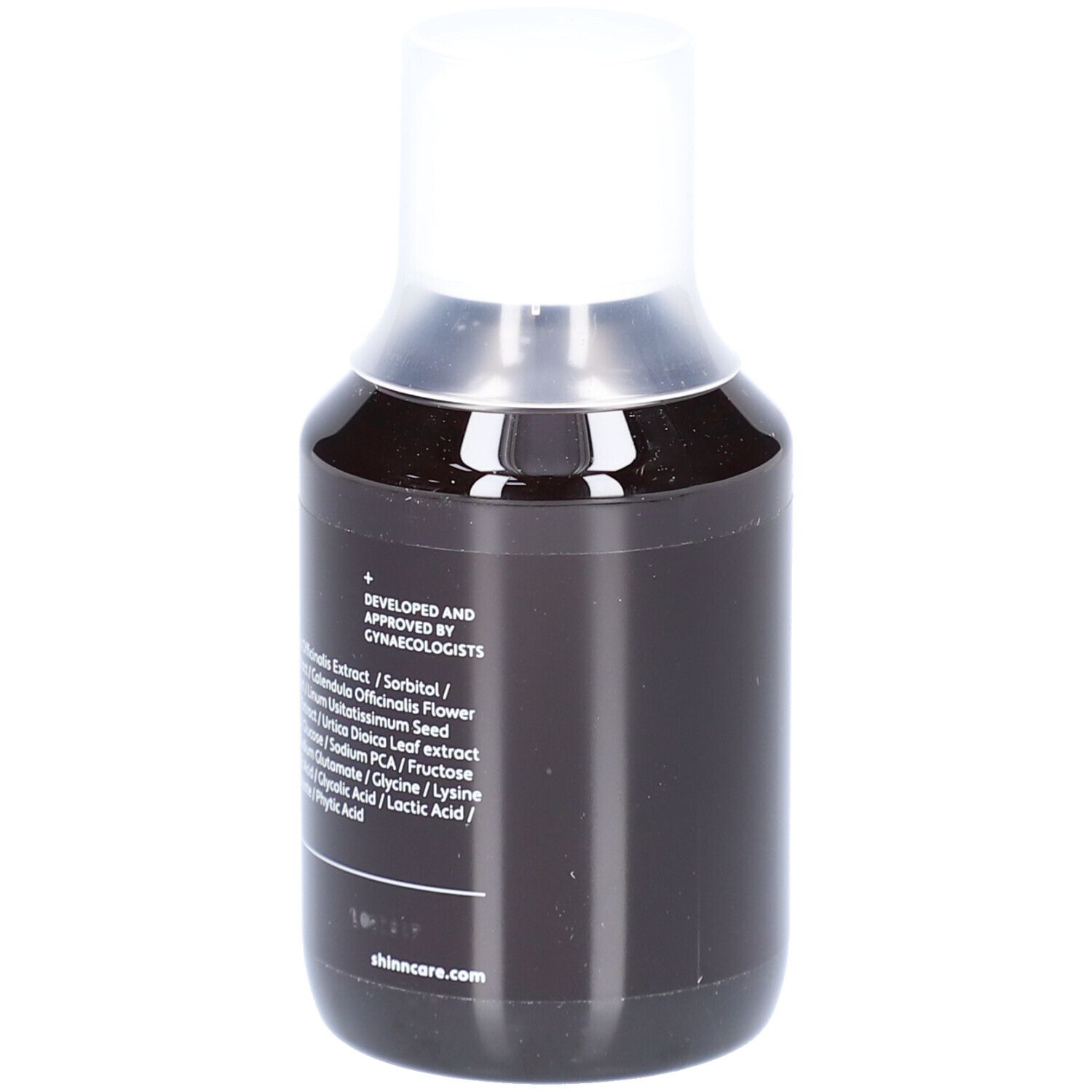 Flacon foncé avec bouchon blanc. Ingrédients et logo visibles. Développé et approuvé par des gynécologues.