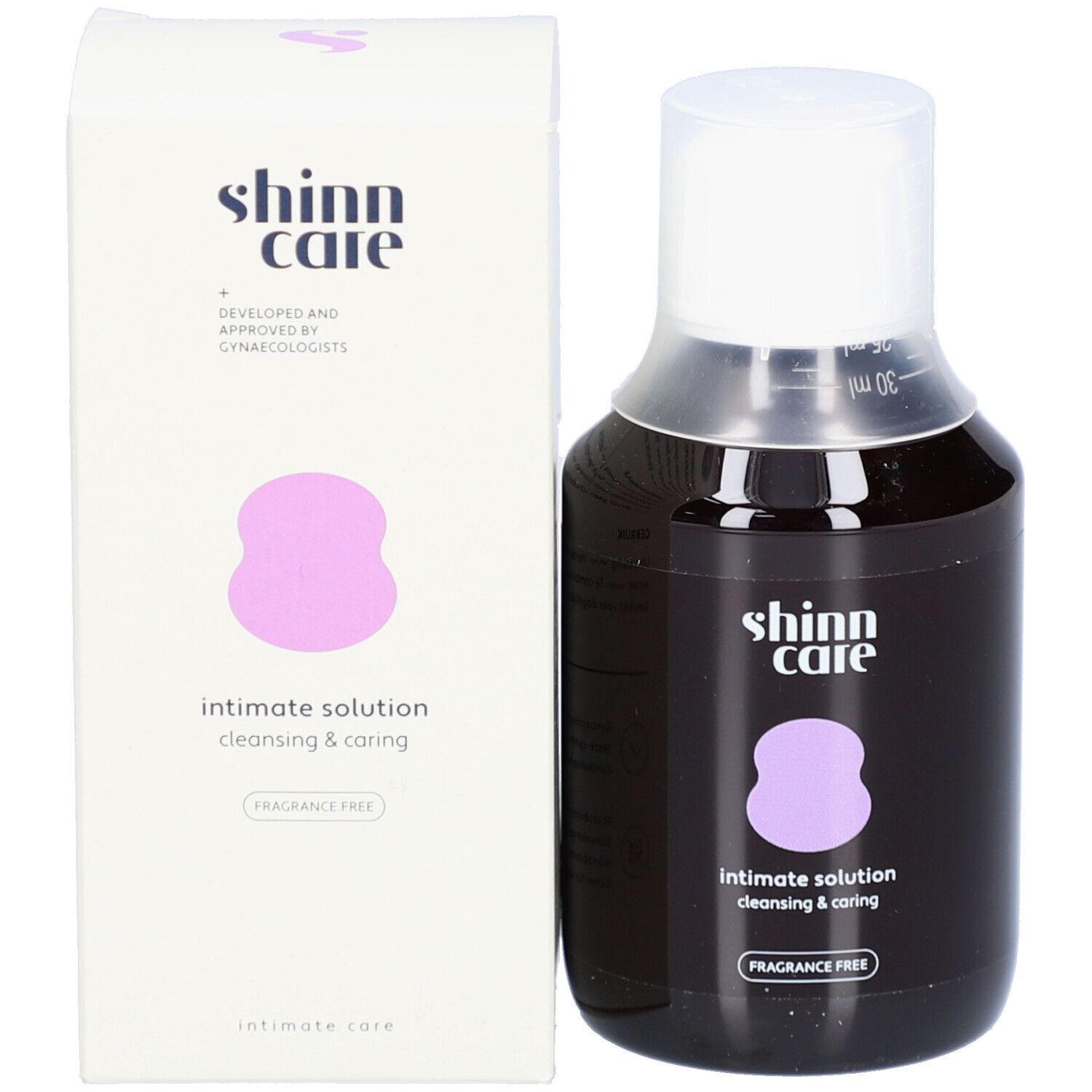 Flacon et emballage. Logo, nom du produit et 'FRAGRANCE FREE' visibles. Approuvé par des gynécologues.
