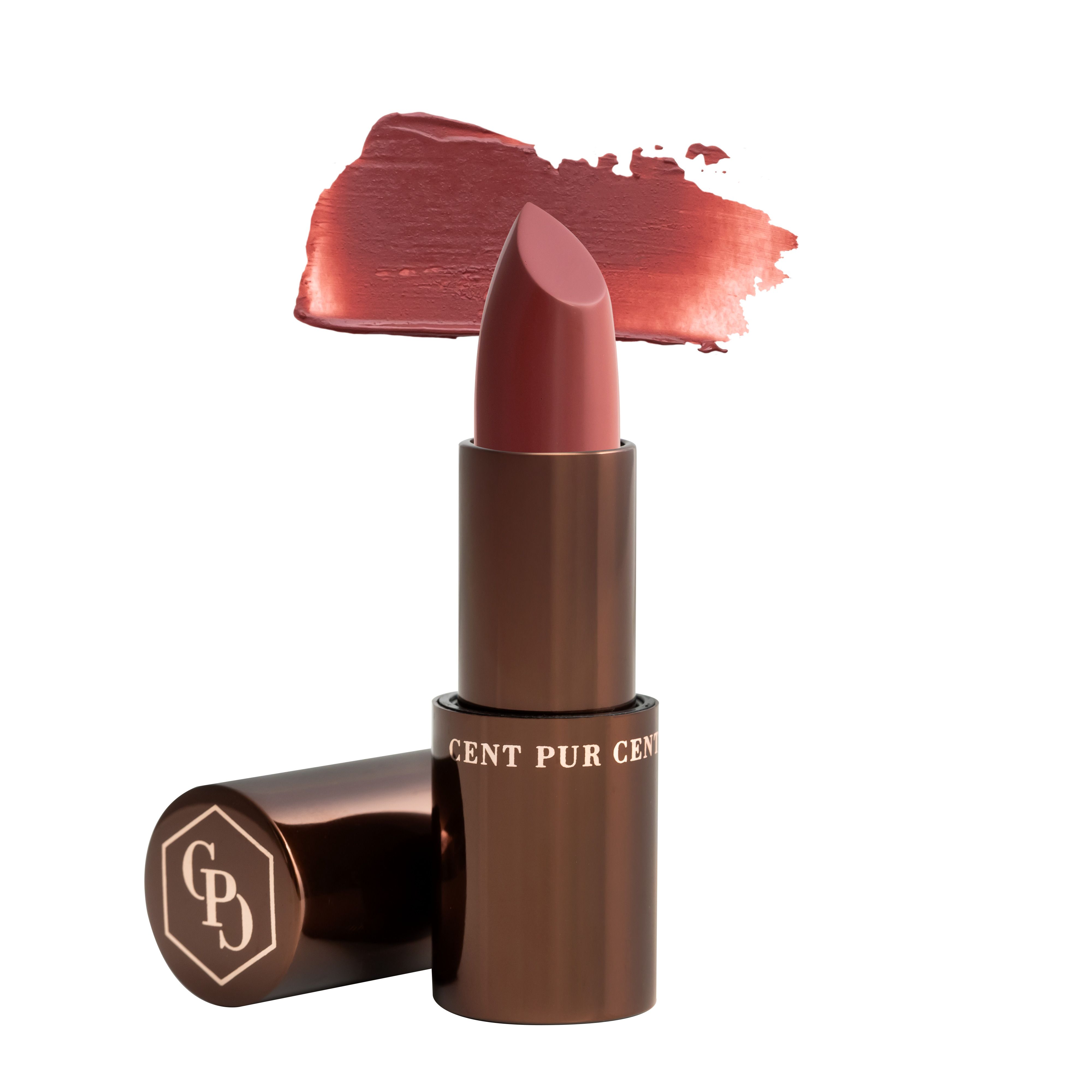 Bâton de baume à lèvres marron avec couvercle ouvert et échantillon de rouge à lèvres. La couleur est rose.