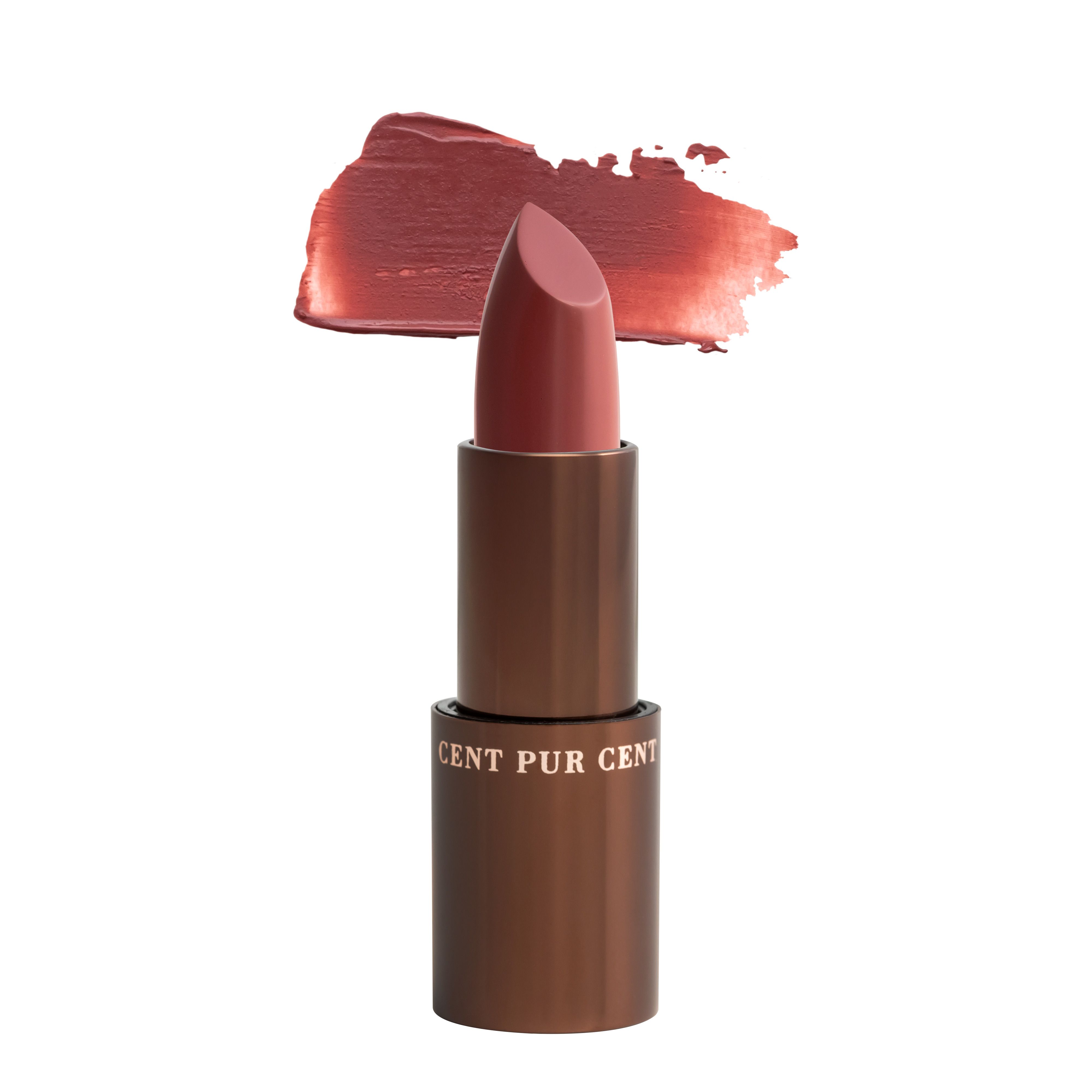 Bâton de baume à lèvres marron avec couvercle ouvert et échantillon de rouge à lèvres. La couleur est rose.