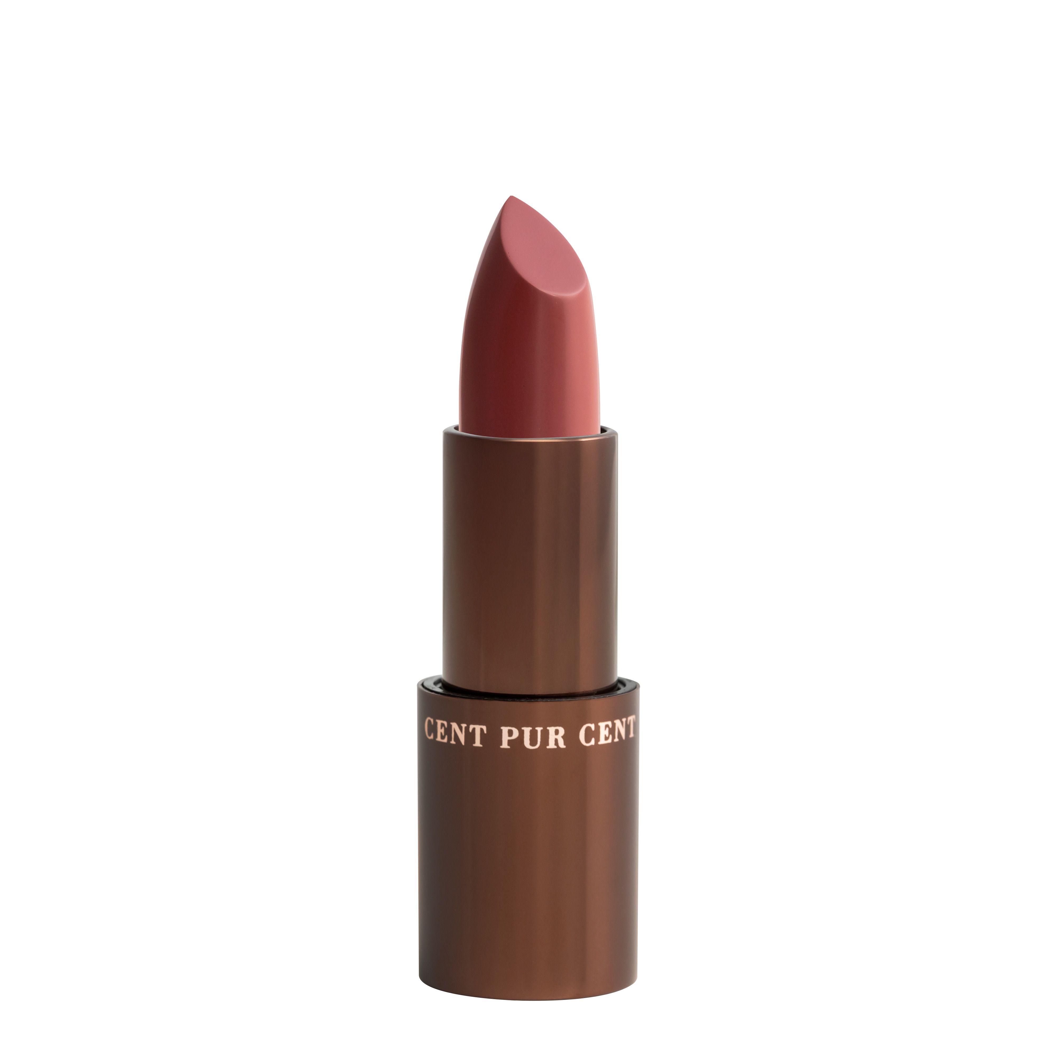 Bâton de baume à lèvres marron avec couvercle ouvert. L'embout du rouge à lèvres est rose.