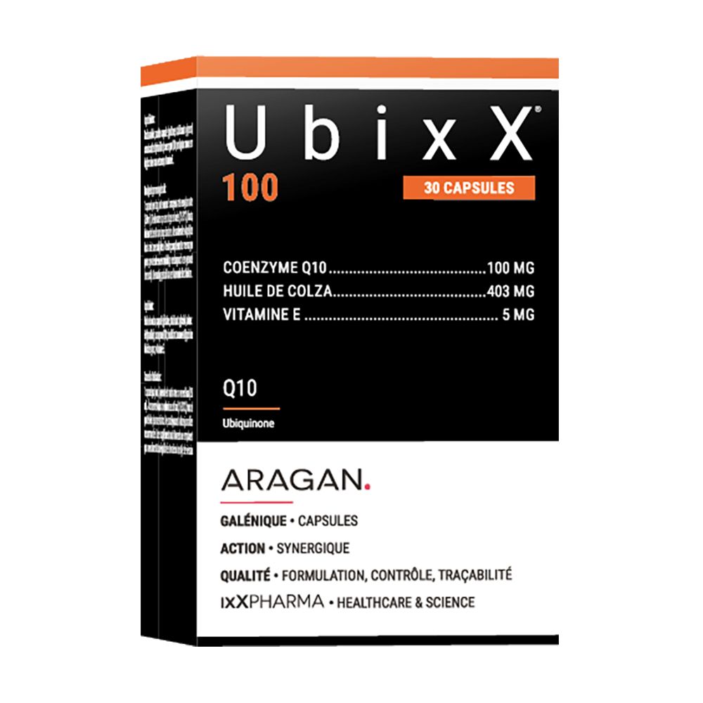 Boîte UbixX 100. Emballage noir avec texte et ingrédients. 30 gélules.