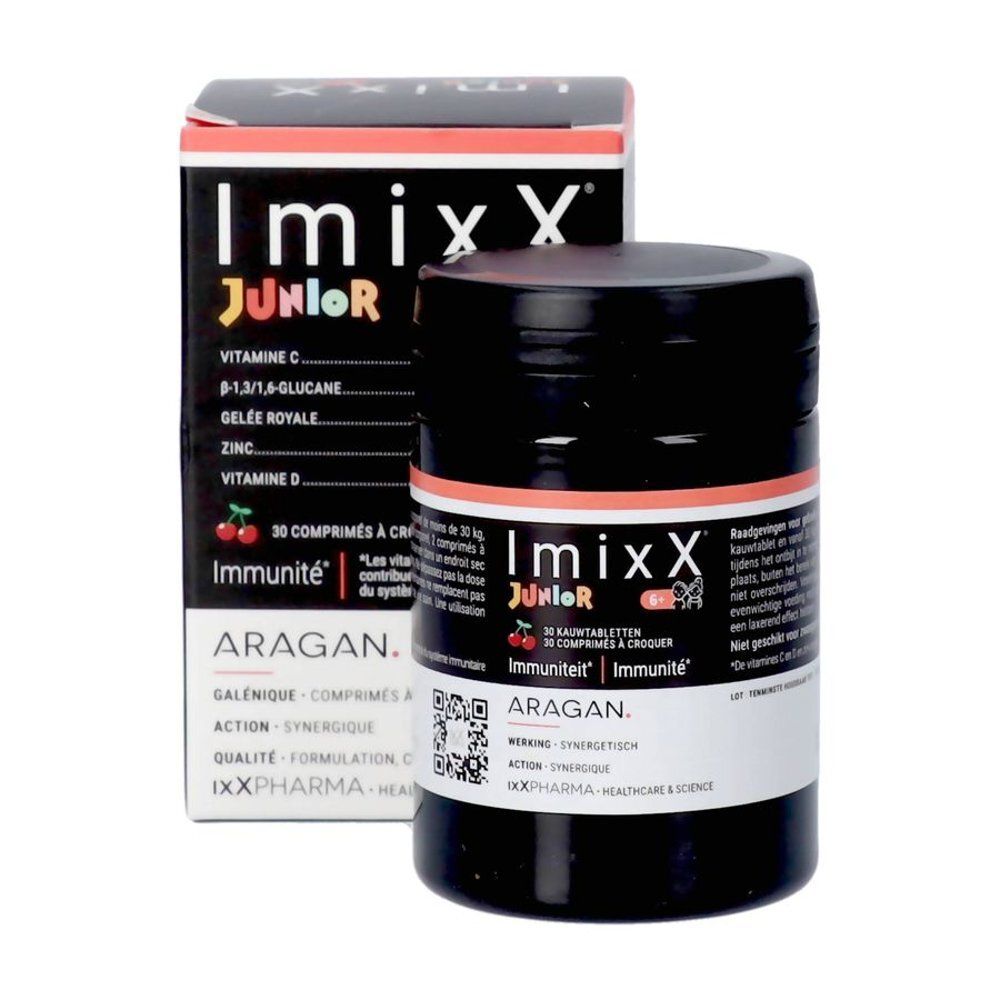Boîte et pot noirs Imixx Junior. Contient vitamine C, D, zinc et gelée royale. 30 comprimés.