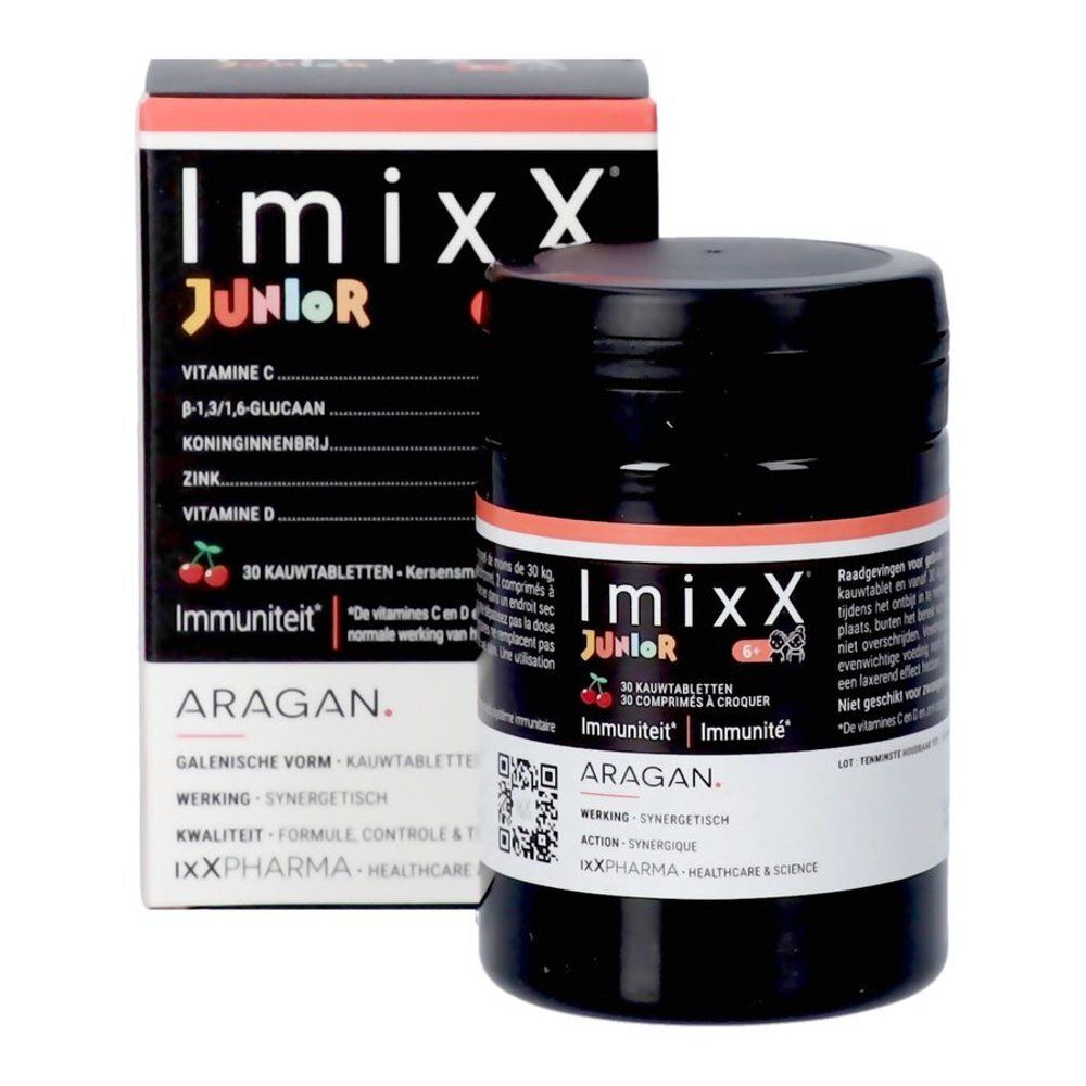 Boîte et pot noirs Imixx Junior. Contient vitamine C, D, zinc et gelée royale. 30 comprimés.