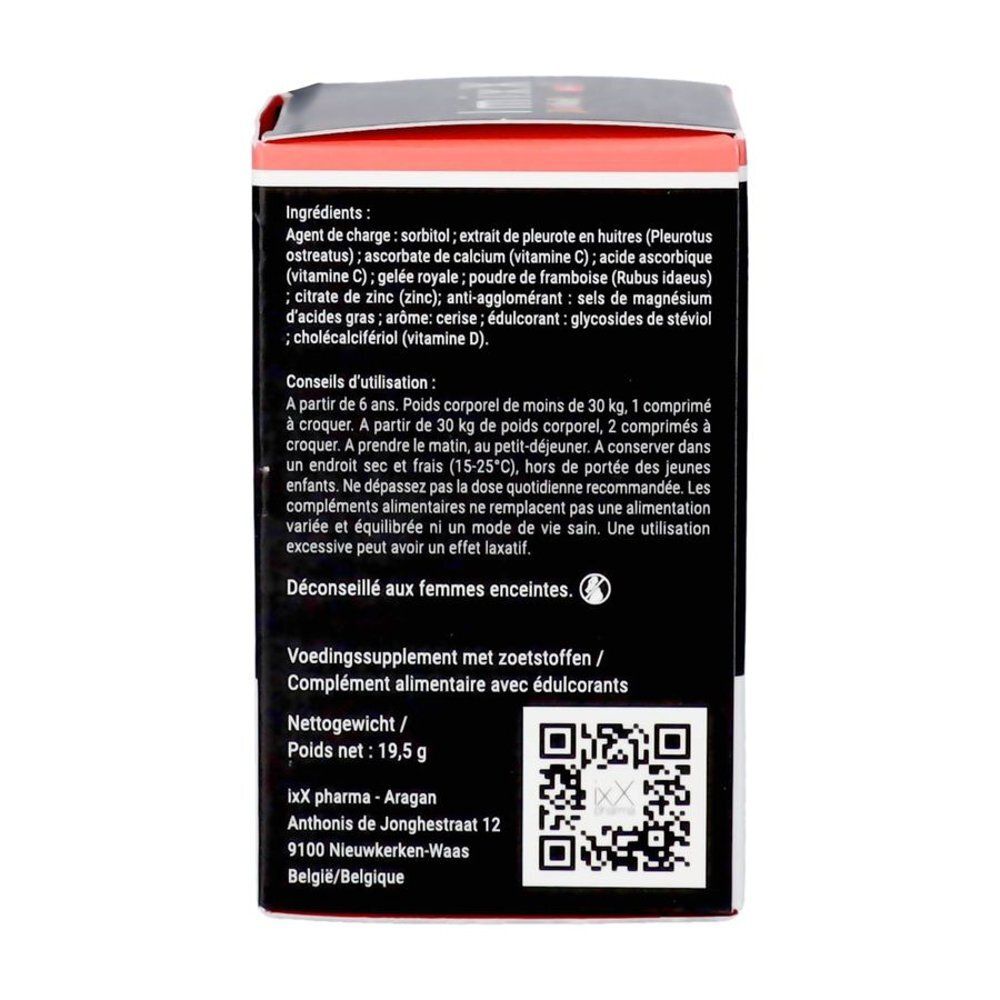 Dos de la boîte avec liste d'ingrédients et conseils d'utilisation. Contient sorbitol, vitamine C, zinc, etc. Poids net 19,5 g.