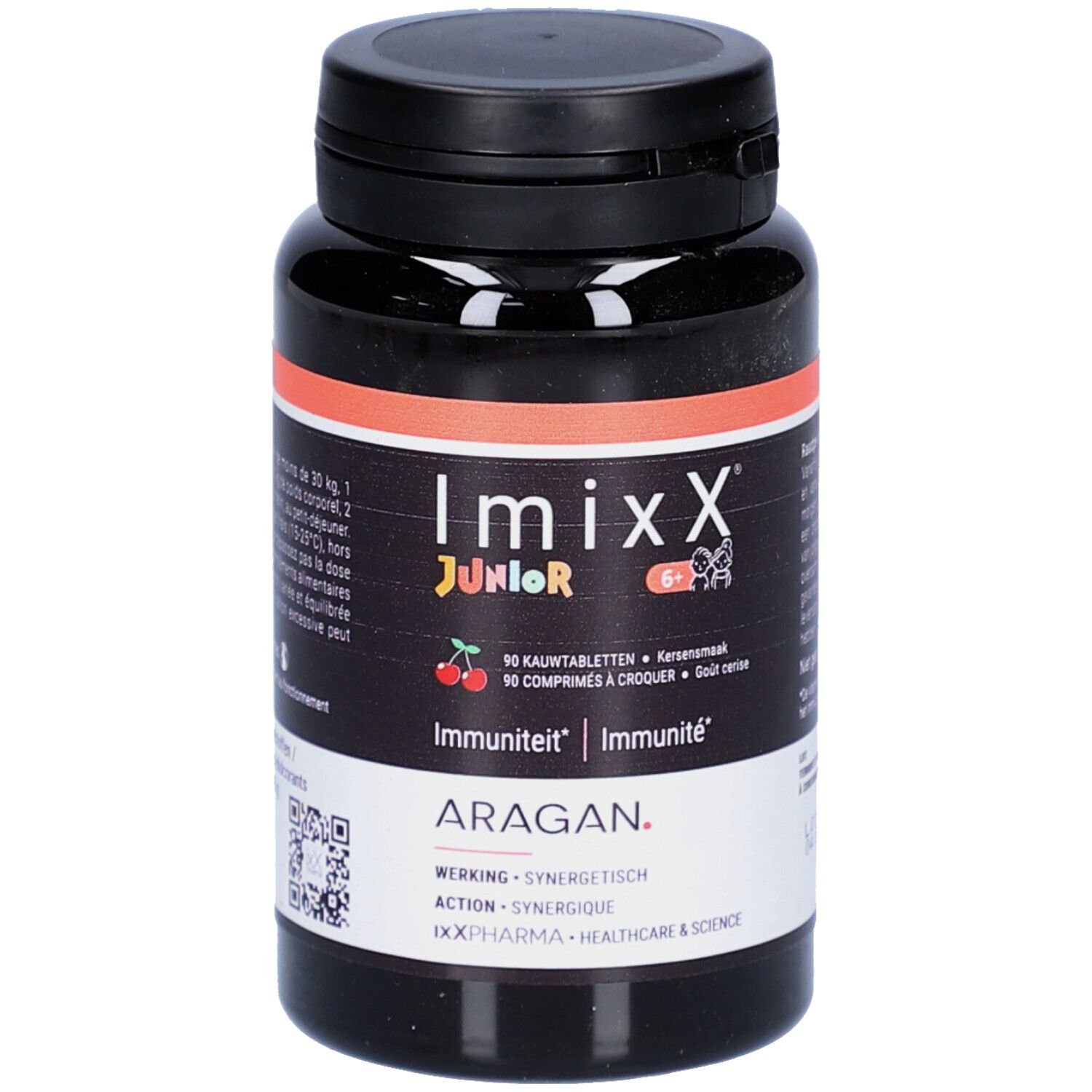 Flacon noir, liseré rouge. Inscription: Imixx Junior, 90 comprimés à croquer, Immunité. Marque: Aragan.