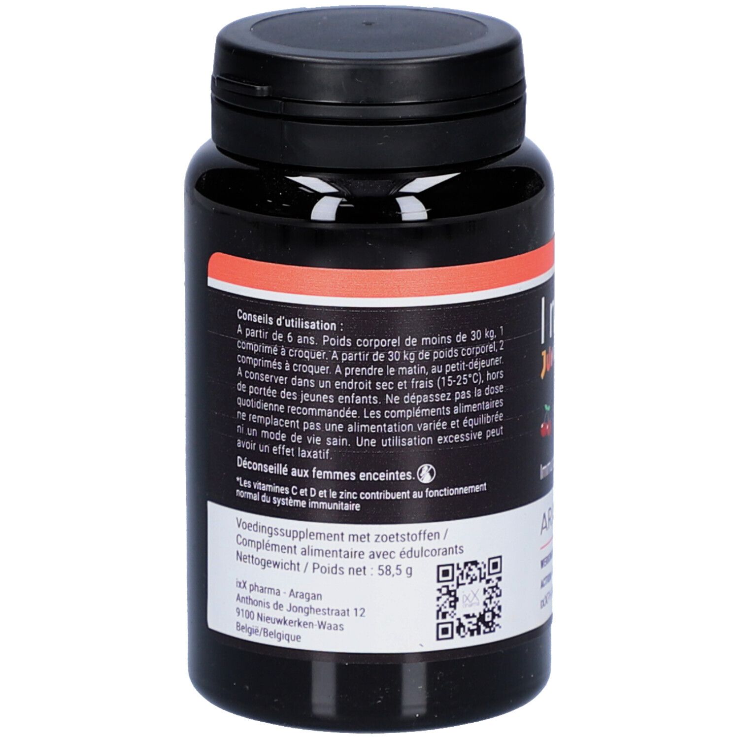 Dos du flacon noir. Texte: Conseils d'utilisation, complément alimentaire avec édulcorants, 58,5 g.