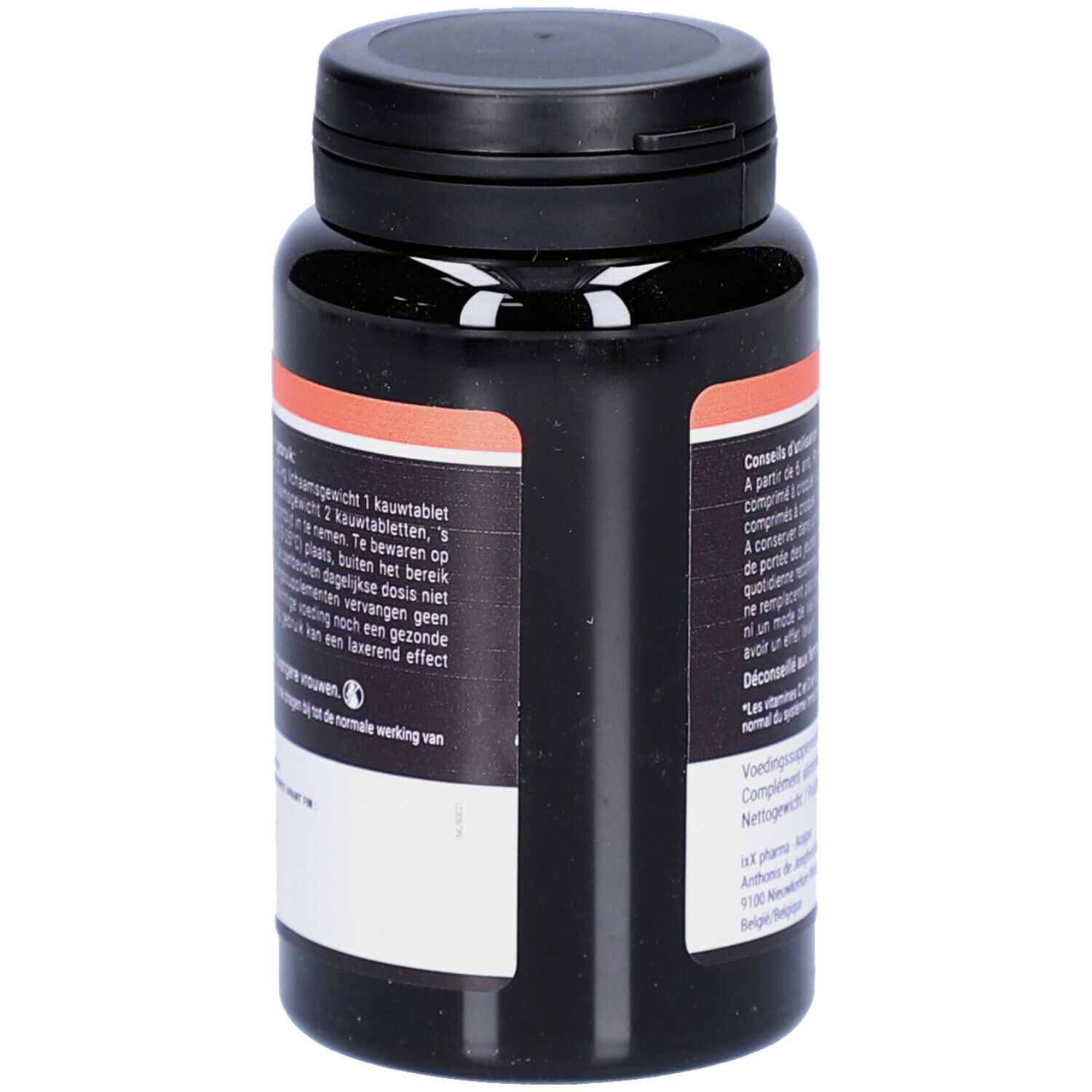 Dos du flacon noir. Texte: Conseils de dosage, complément alimentaire, déconseillé aux femmes enceintes.