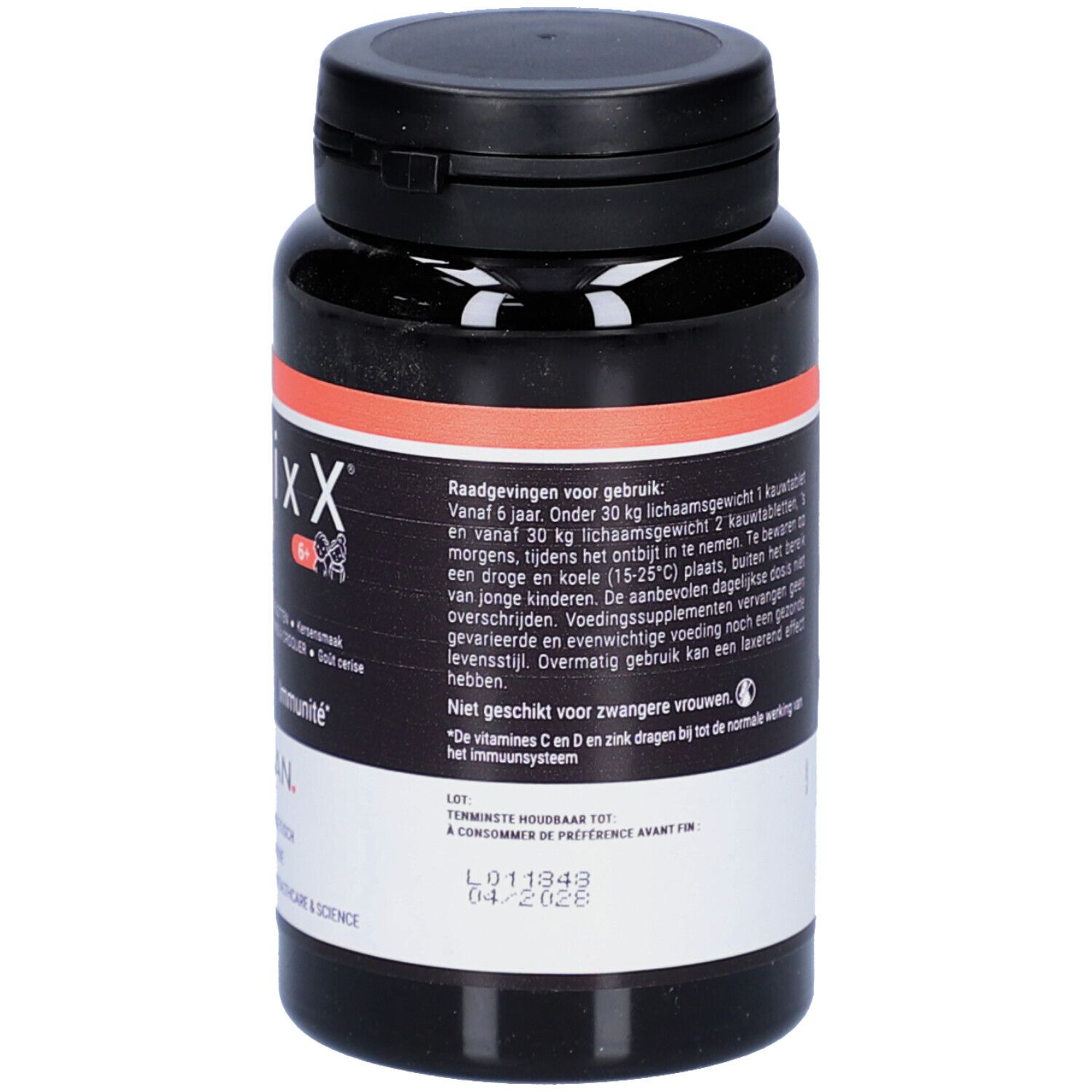 Dos du flacon noir. Texte: Conseils d'utilisation, complément alimentaire, déconseillé aux femmes enceintes.