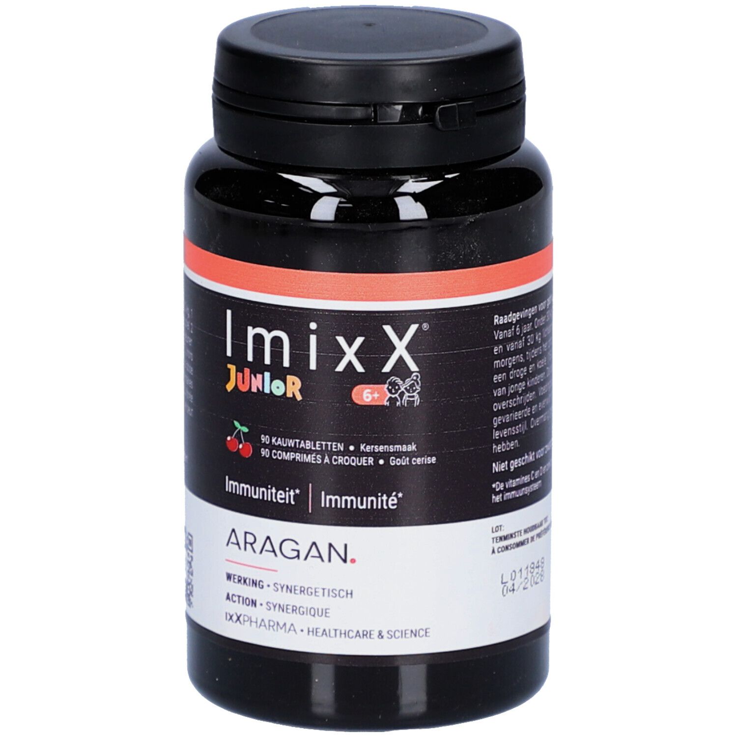 Flacon noir, liseré rouge. Inscription: Imixx Junior, 90 comprimés à croquer, Immunité. Marque: Aragan.