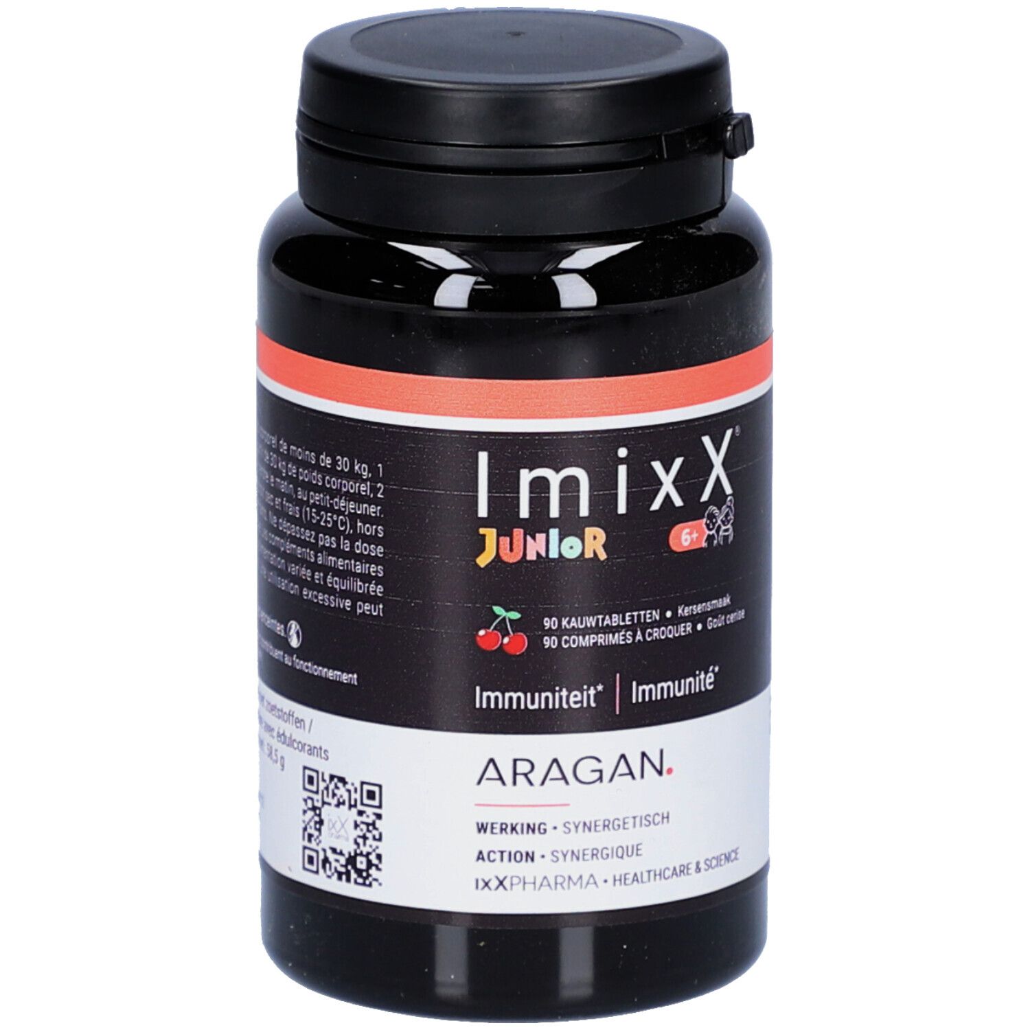 Flacon noir, liseré rouge. Inscription: Imixx Junior, 90 comprimés à croquer, Immunité. Marque: Aragan.