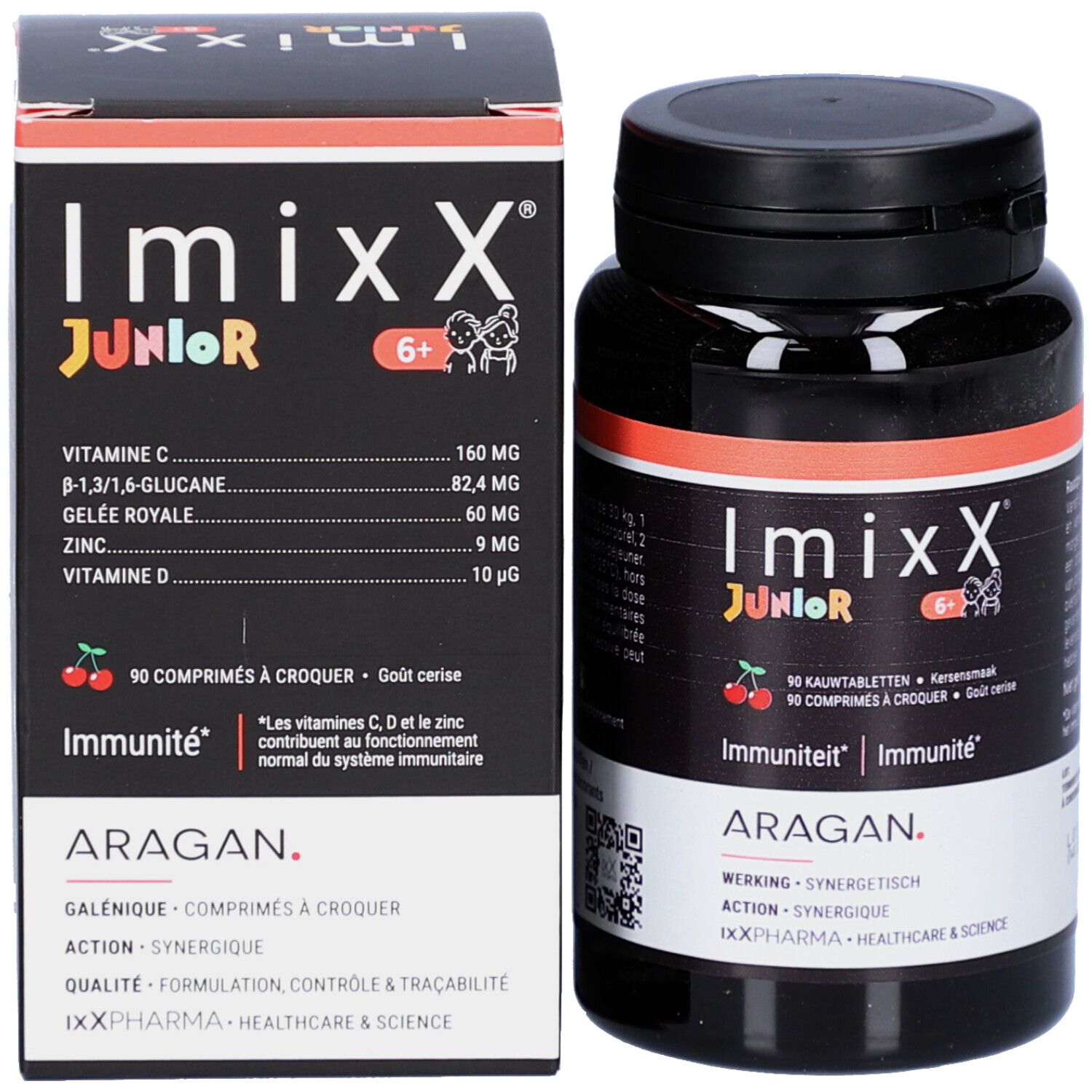 Emballage du produit: flacon et boîte. Inscription: Imixx Junior, 90 comprimés à croquer, Immunité. Marque: Aragan.