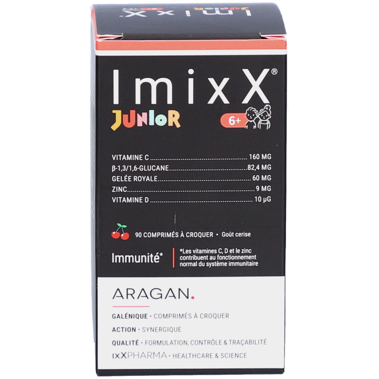 Boîte avec inscription: Imixx Junior, 90 comprimés à croquer, Immunité. Contient vitamine C, D et zinc. Marque: Aragan.