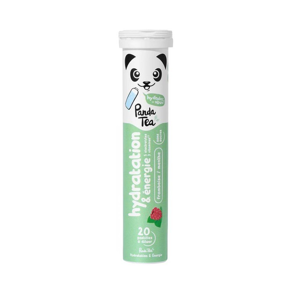 Tube cylindrique de 20 comprimés effervescents. Inscription: Panda Tea, framboise-menthe, hydratation, énergie. Bouchon blanc.