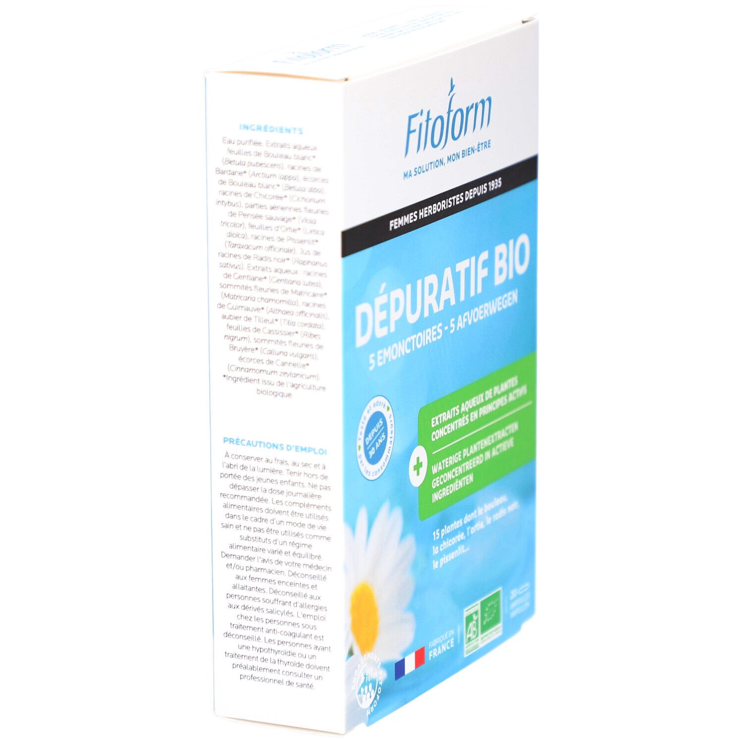 Boîte en carton inclinée. Texte: Fitoform, DÉPURATIF BIO. Ingrédients et avertissements. Drapeau français et label bio.