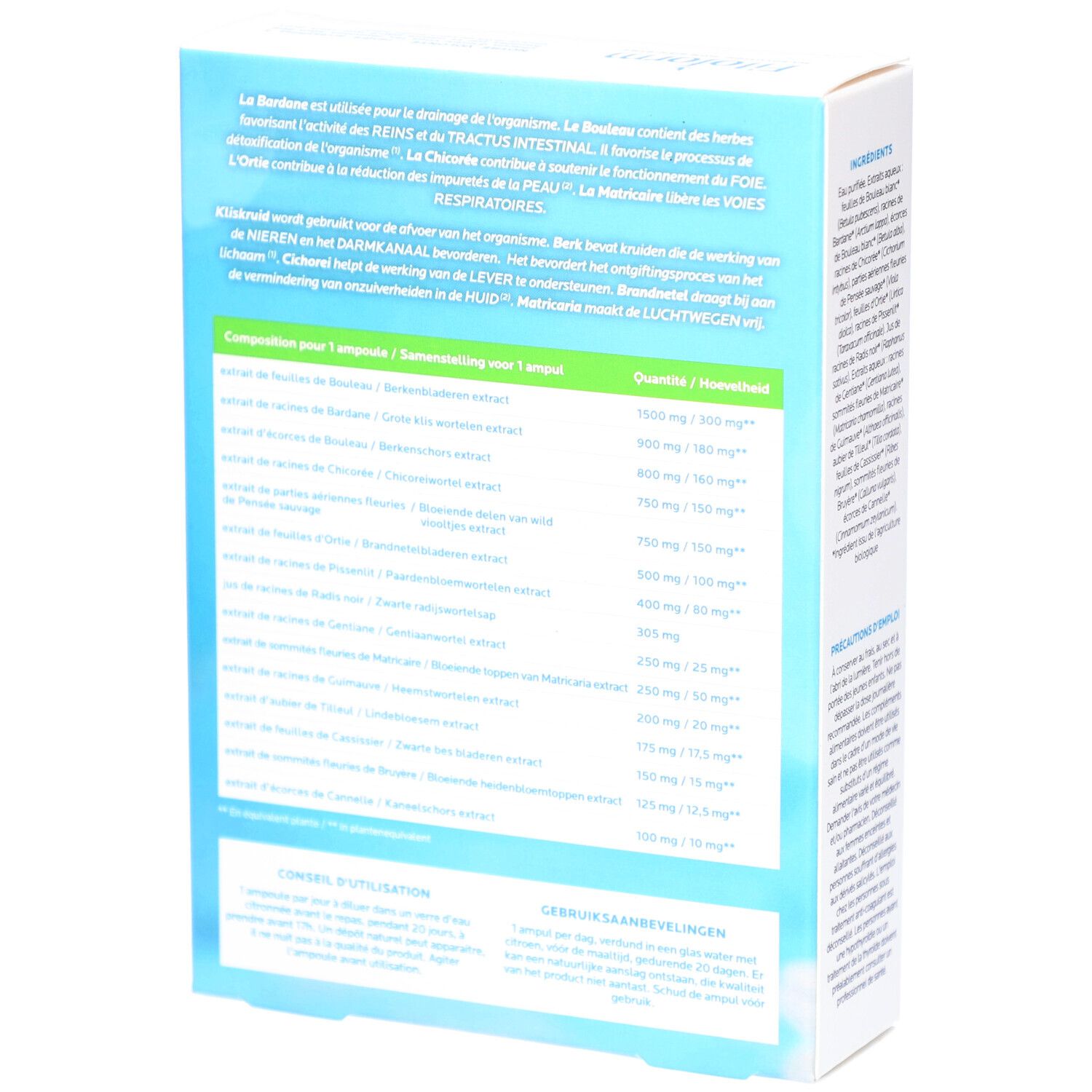 Dos de la boîte en carton. Texte: ingrédients, dosage, instructions d'utilisation. Textes français et néerlandais.