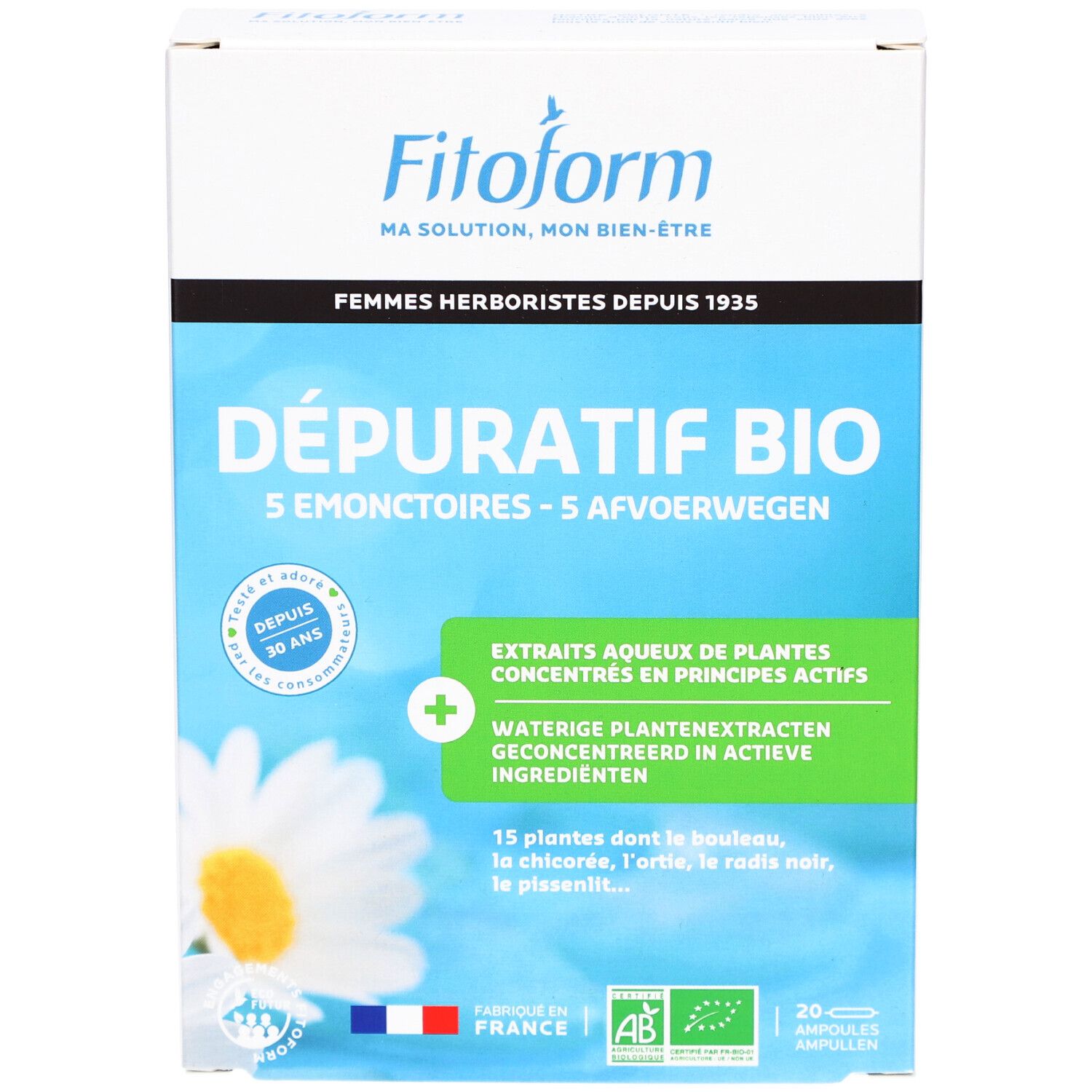 Boîte en carton Fitoform DÉPURATIF BIO, 20 ampoules. Contient drapeau français et label bio. Texte en français et néerlandais.