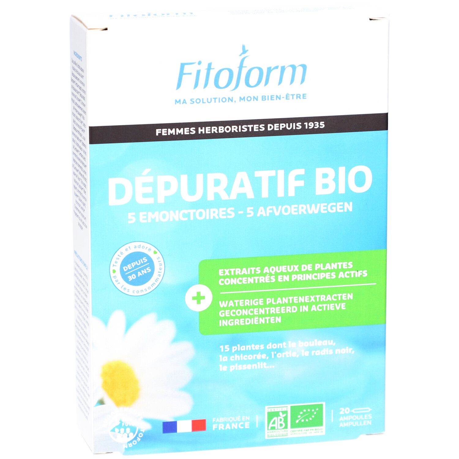 Boîte en carton Fitoform DÉPURATIF BIO, 20 ampoules. Contient drapeau français et label bio. Texte en français et néerlandais.