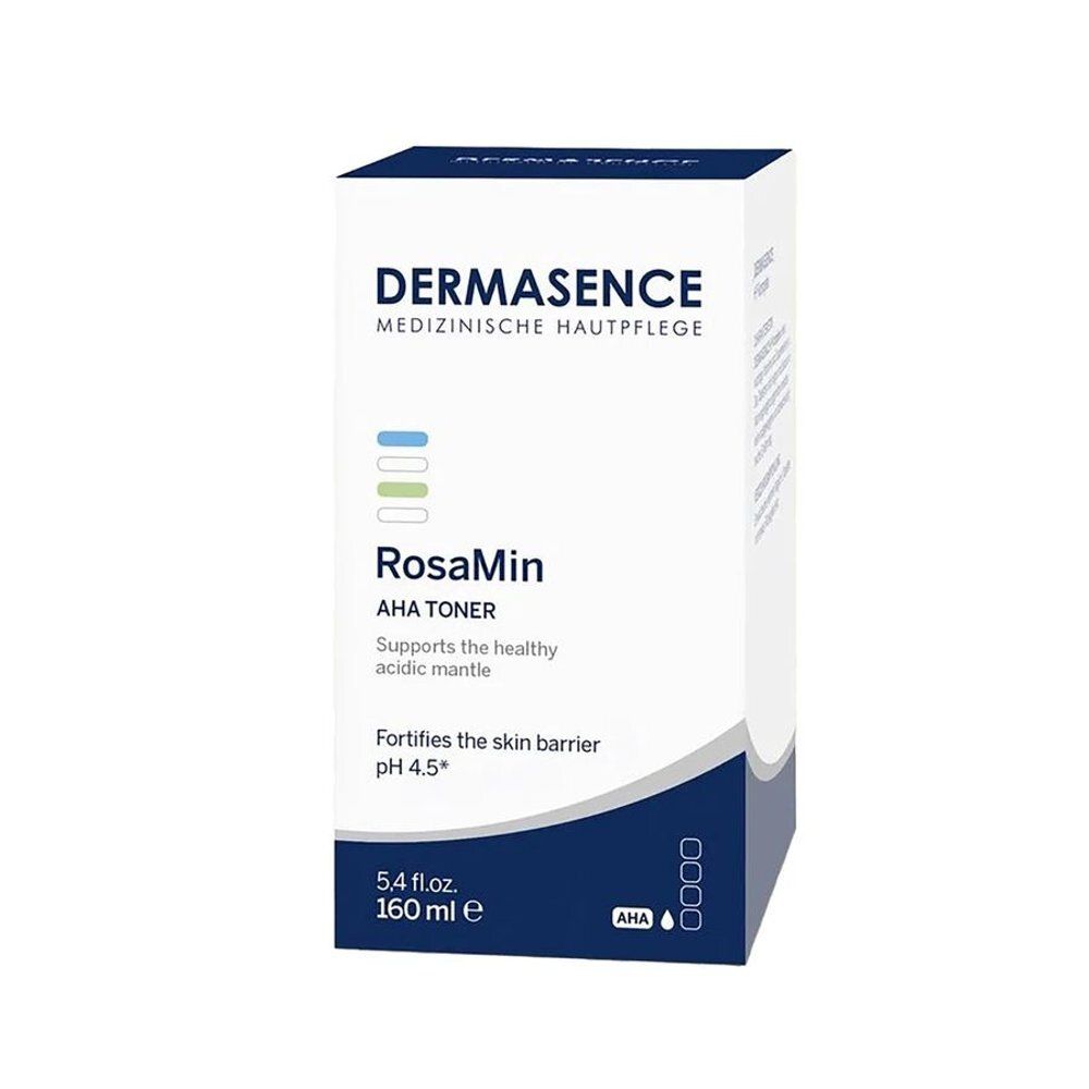 Emballage blanc avec texte bleu et blanc. Inscription : Dermasence, RosaMin AHA Toner. pH 4,5.