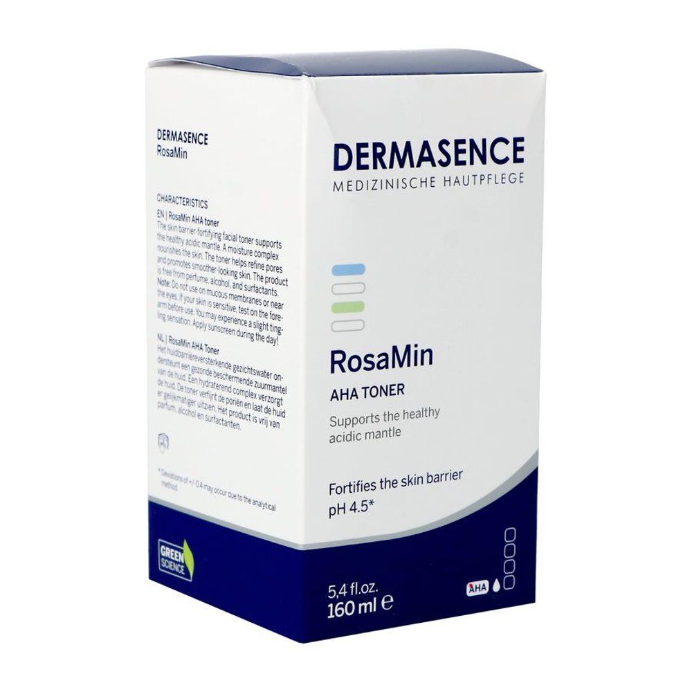 Emballage blanc avec texte bleu et blanc. Inscription : Dermasence, RosaMin AHA Toner. pH 4,5.