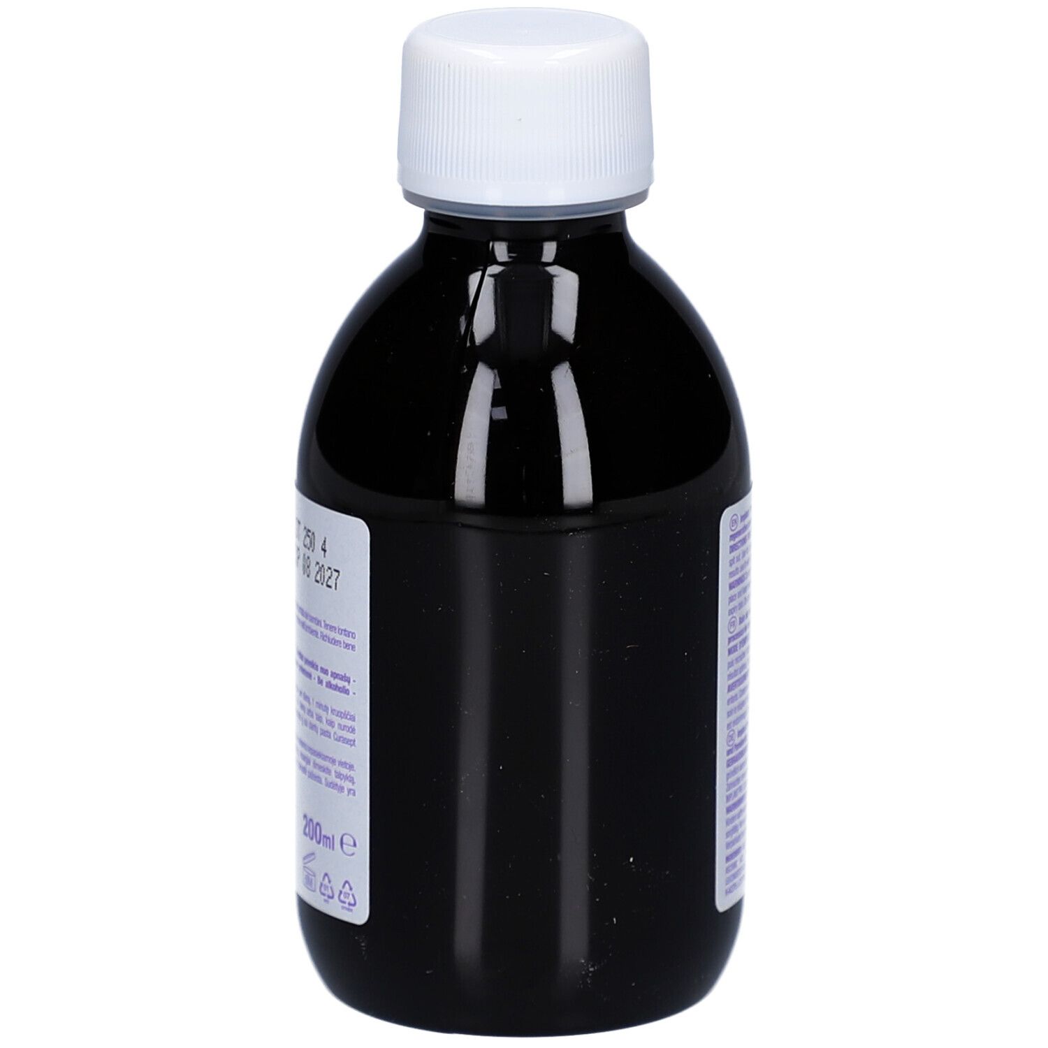 Liquide foncé dans une bouteille en verre brun avec bouchon à vis blanc. Étiquette avec texte et indication 200ml.