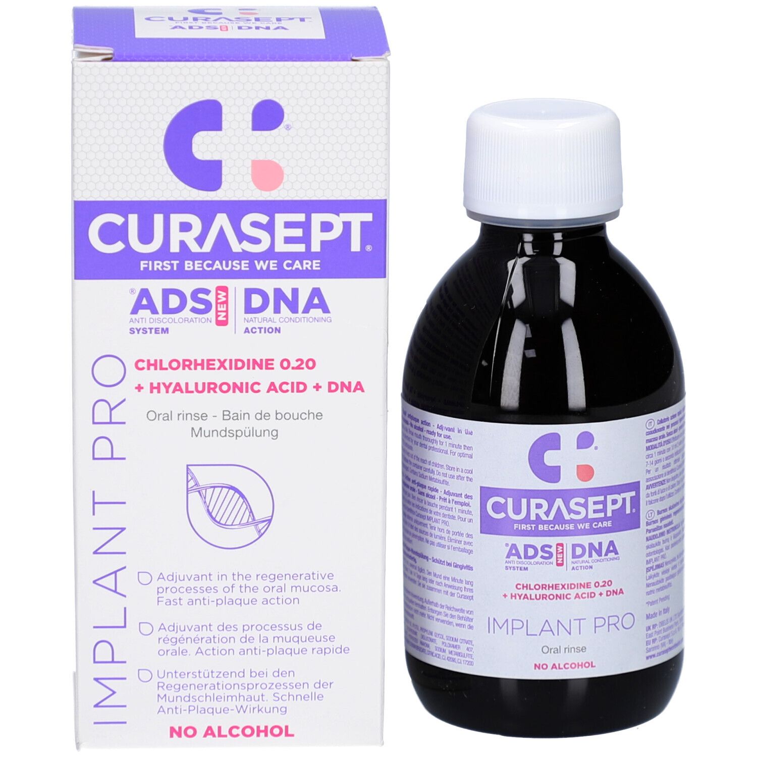 Bain de bouche Curasept Implant Pro avec Chlorhexidine 0.20, Acide Hyaluronique et ADN. Sans alcool.