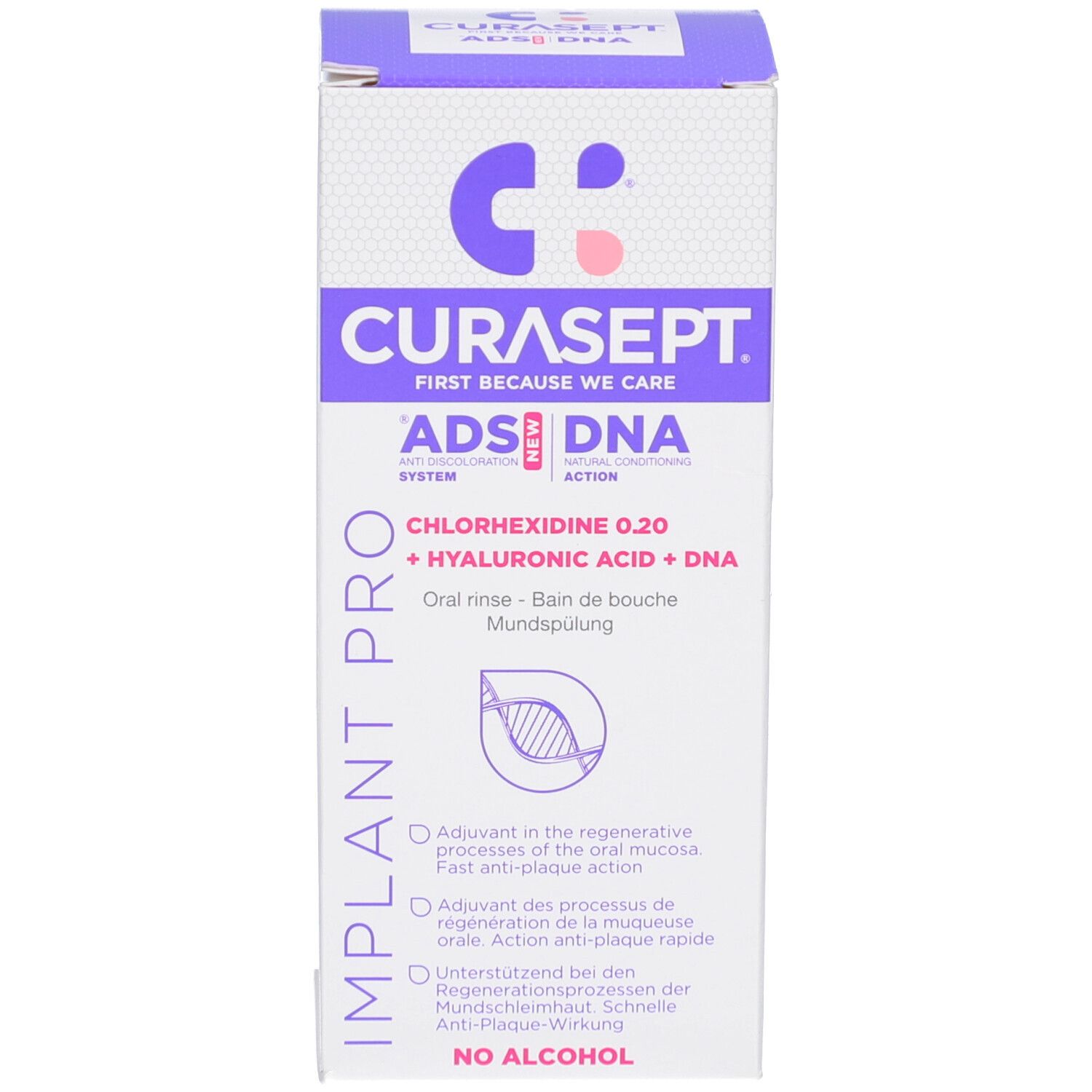 Bain de bouche Curasept Implant Pro avec Chlorhexidine 0.20, Acide Hyaluronique et ADN. Sans alcool.