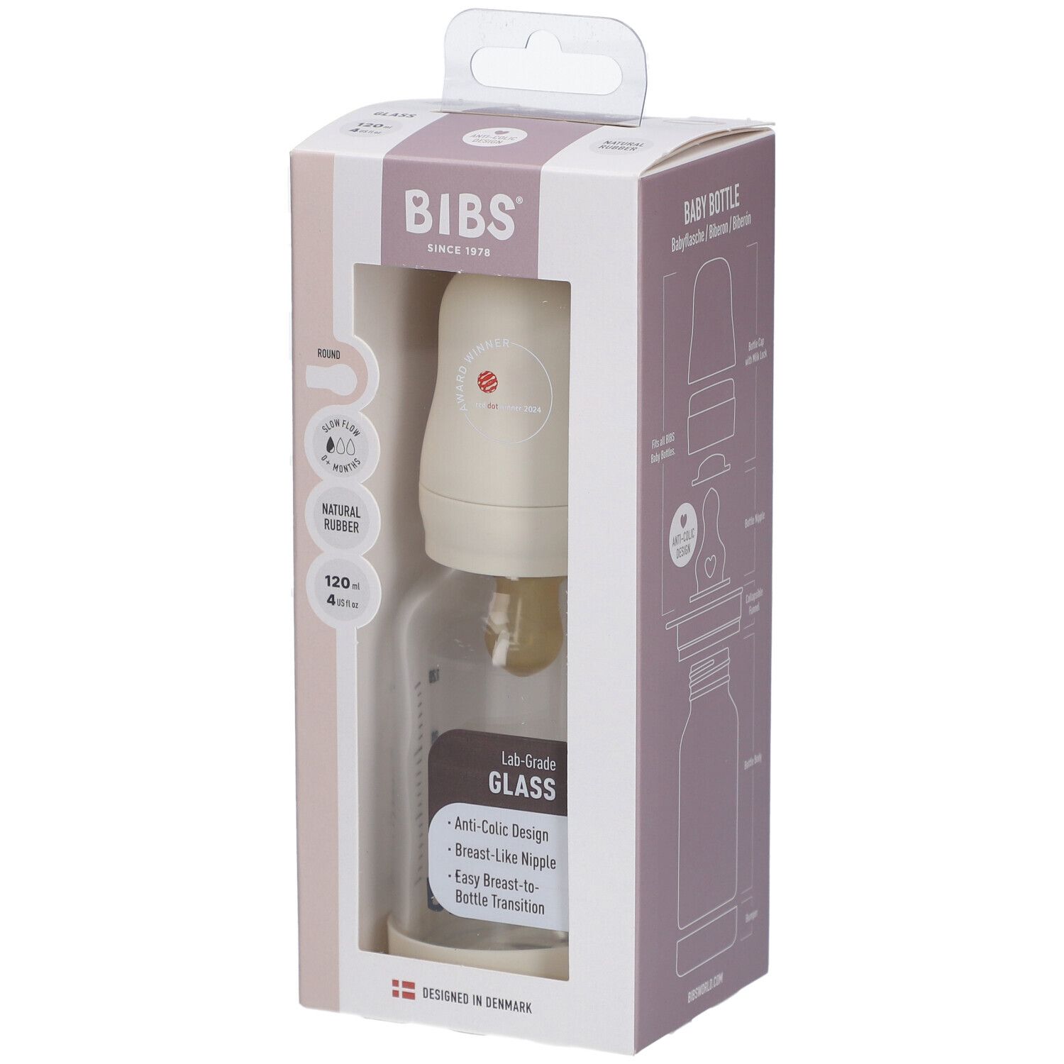 Biberon BIBS en verre de 120 ml, en boîte. Visible : biberon, couvercle, tétine. Emballage avec informations produit.