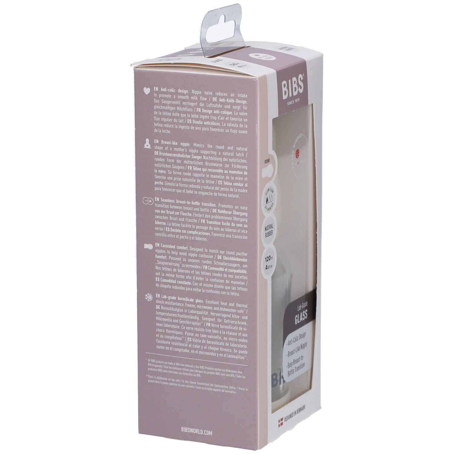 Emballage du biberon BIBS. Vue latérale avec texte multilingue. Contient des informations et des avertissements sur le produit.