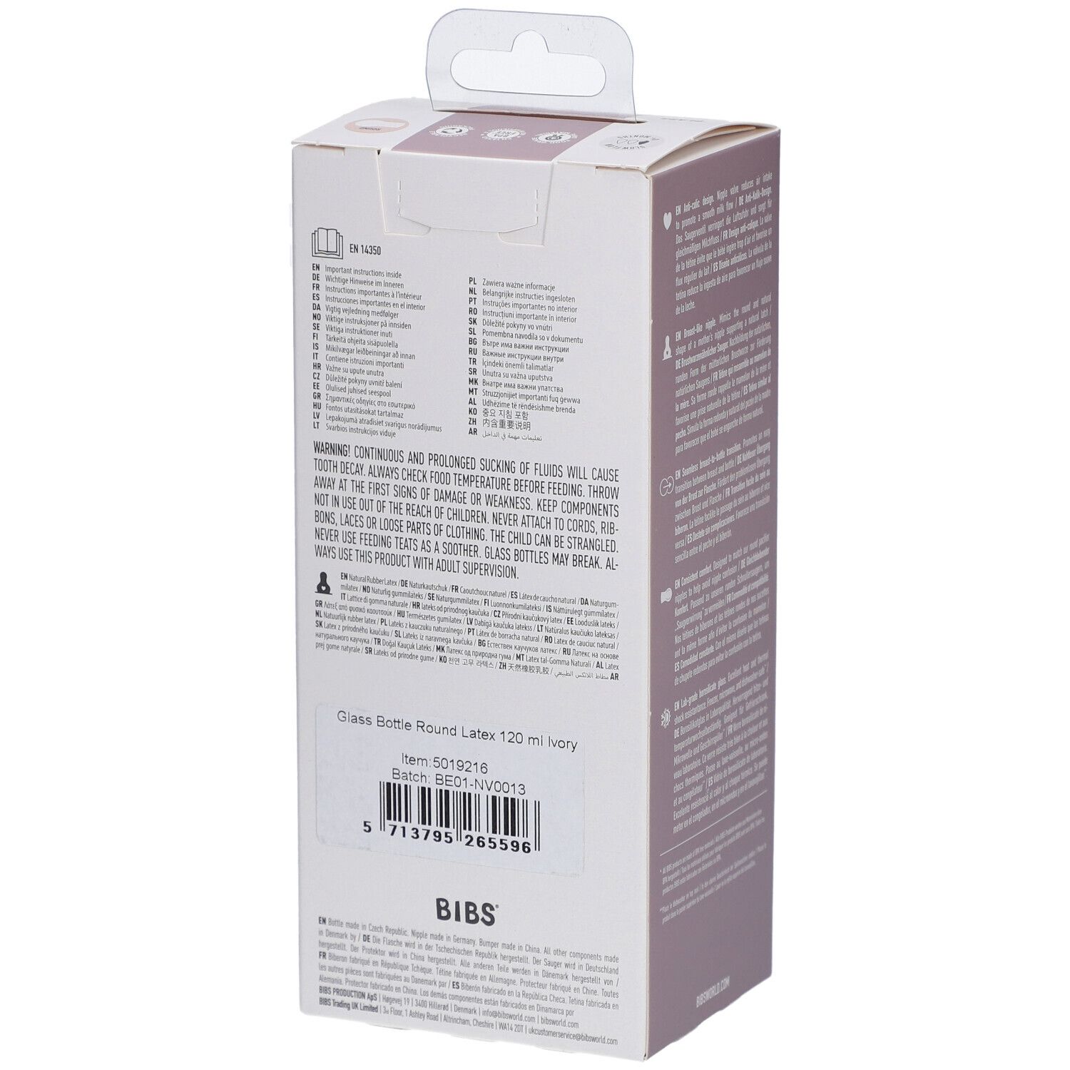 Dos de l'emballage du biberon BIBS. Contient des informations, des avertissements et un code-barres. Biberon ivoire.