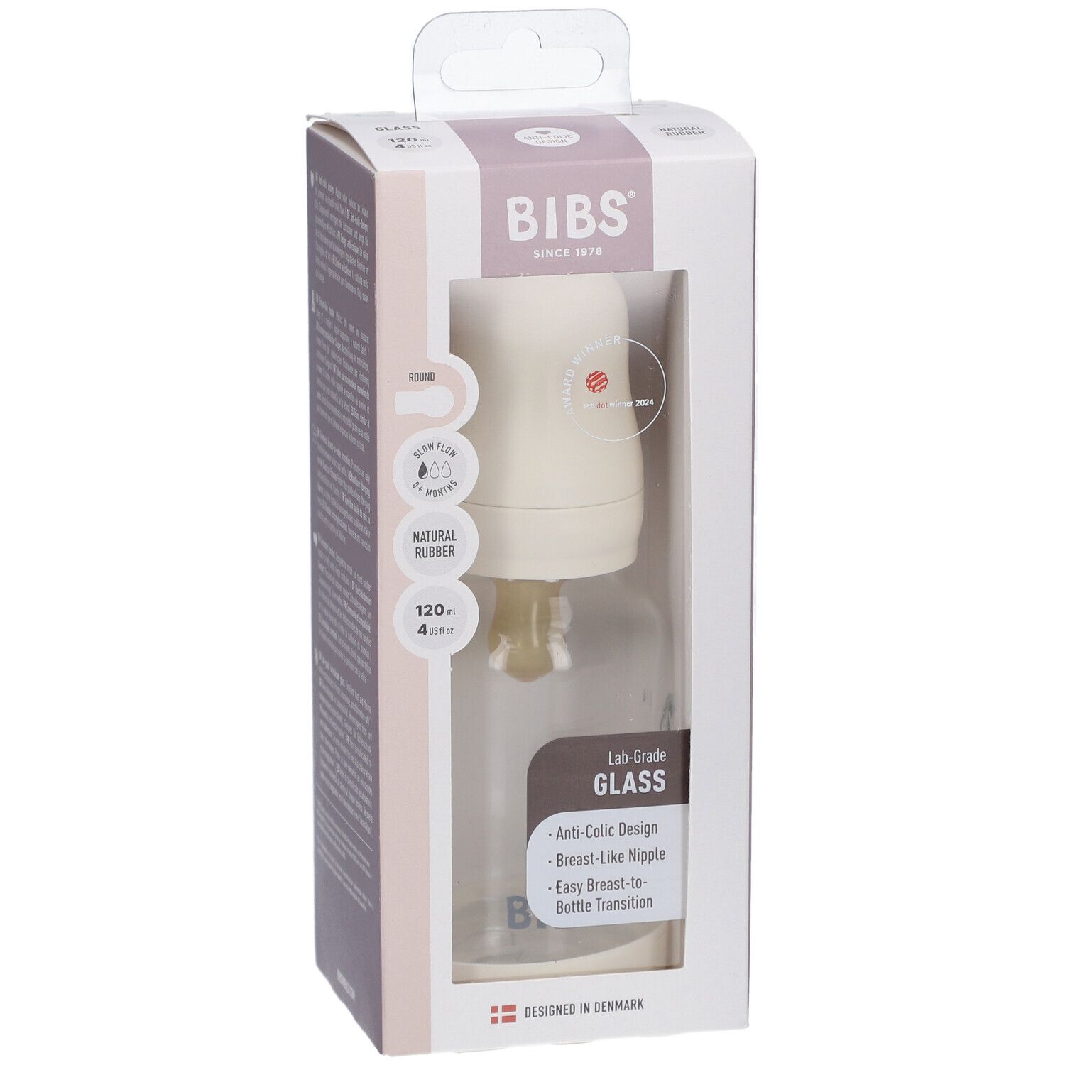 Biberon BIBS en verre de 120 ml, en boîte. Visible : biberon, couvercle, tétine. Emballage avec informations produit.