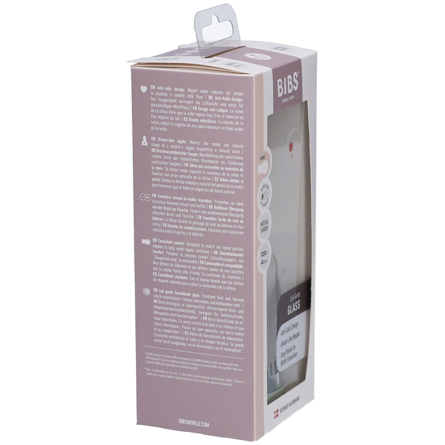 Emballage du biberon BIBS. Vue latérale avec texte et informations sur le produit. Patte de suspension en haut.