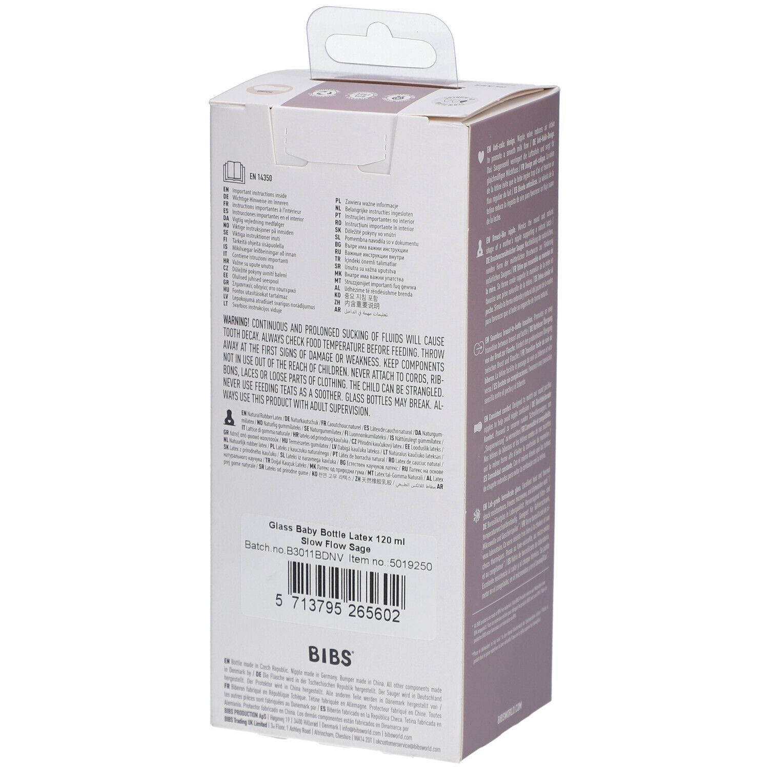 Dos de l'emballage du biberon BIBS. Informations textuelles sur le produit, numéro de lot et code-barres.