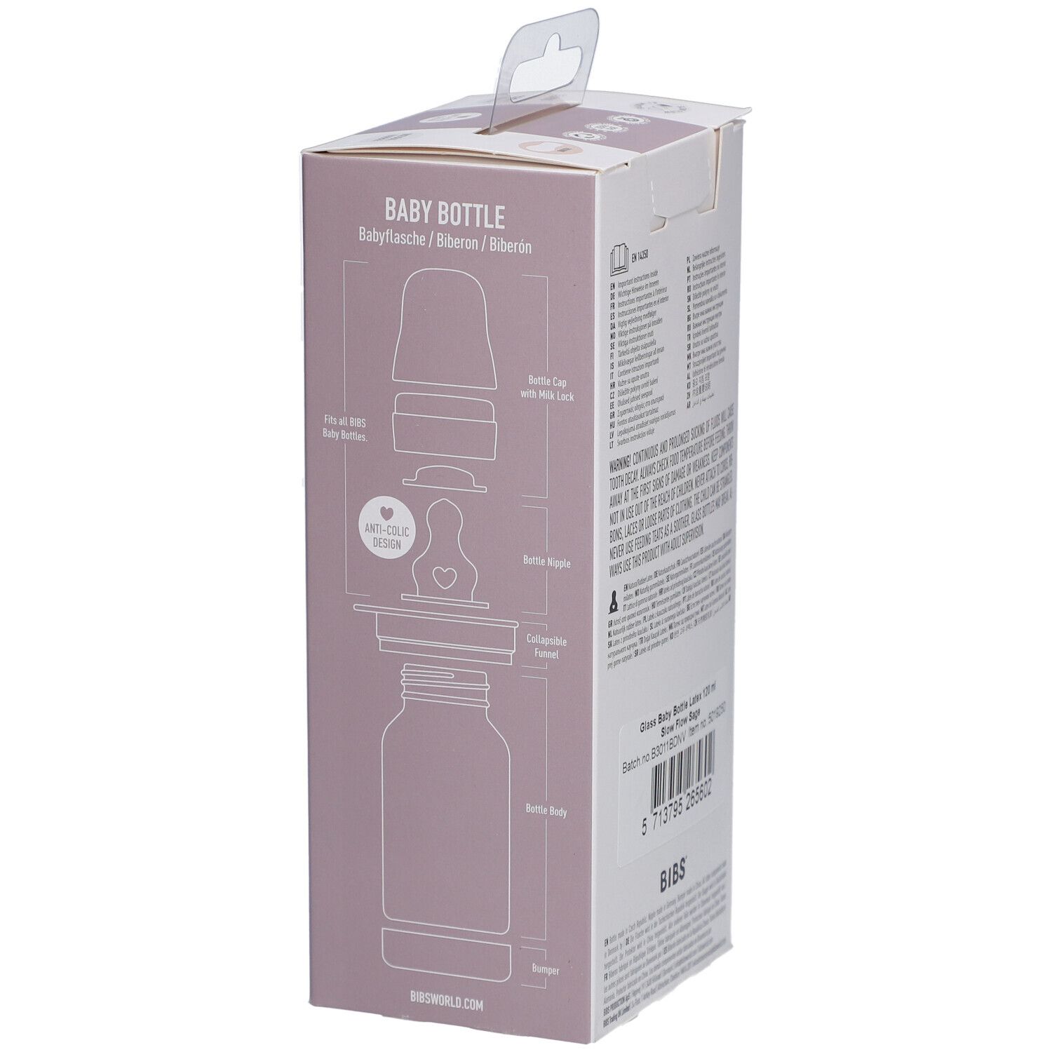 Emballage du biberon BIBS. Vue éclatée des composants du biberon. Biberon, couvercle, tétine.