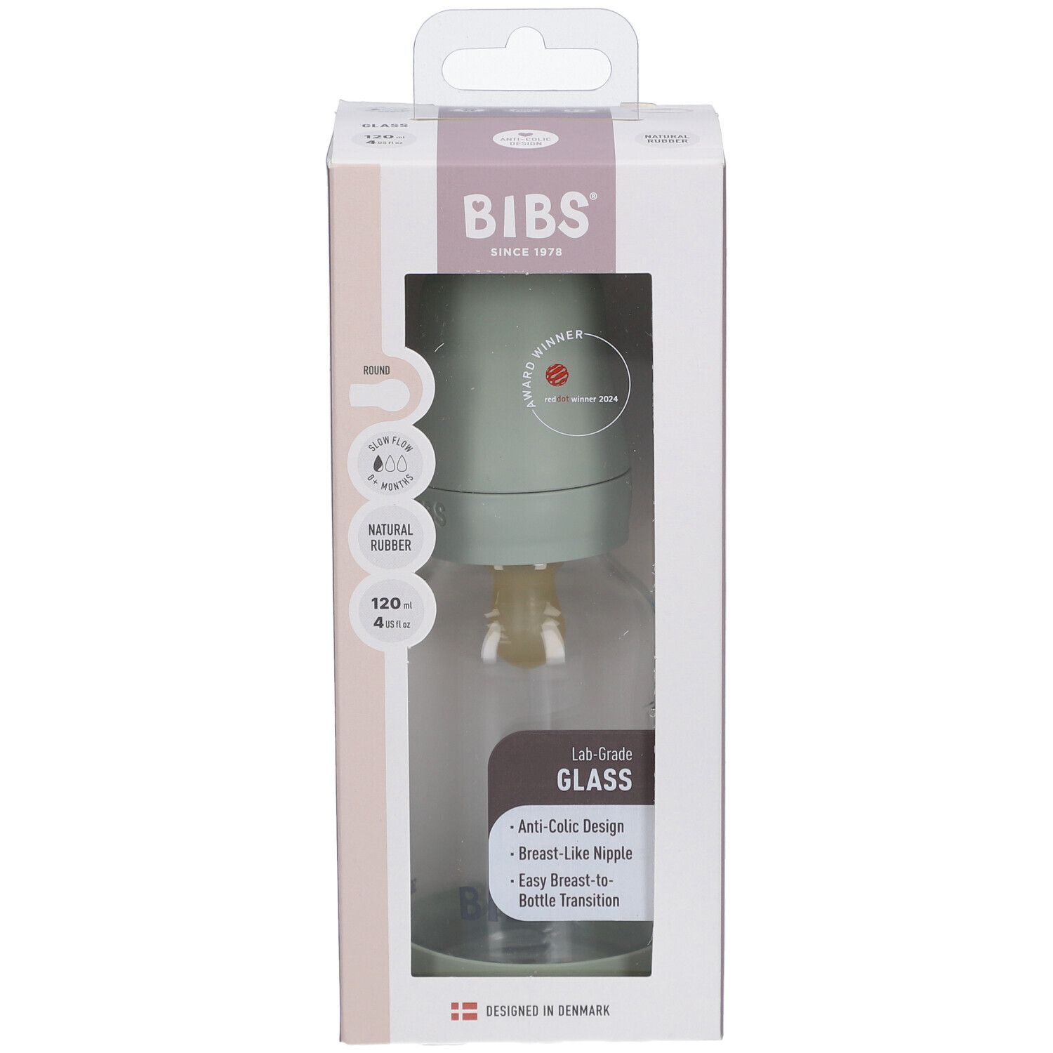 Biberon BIBS en emballage. Biberon en verre avec couvercle vert et tétine. Fenêtre montre le produit.