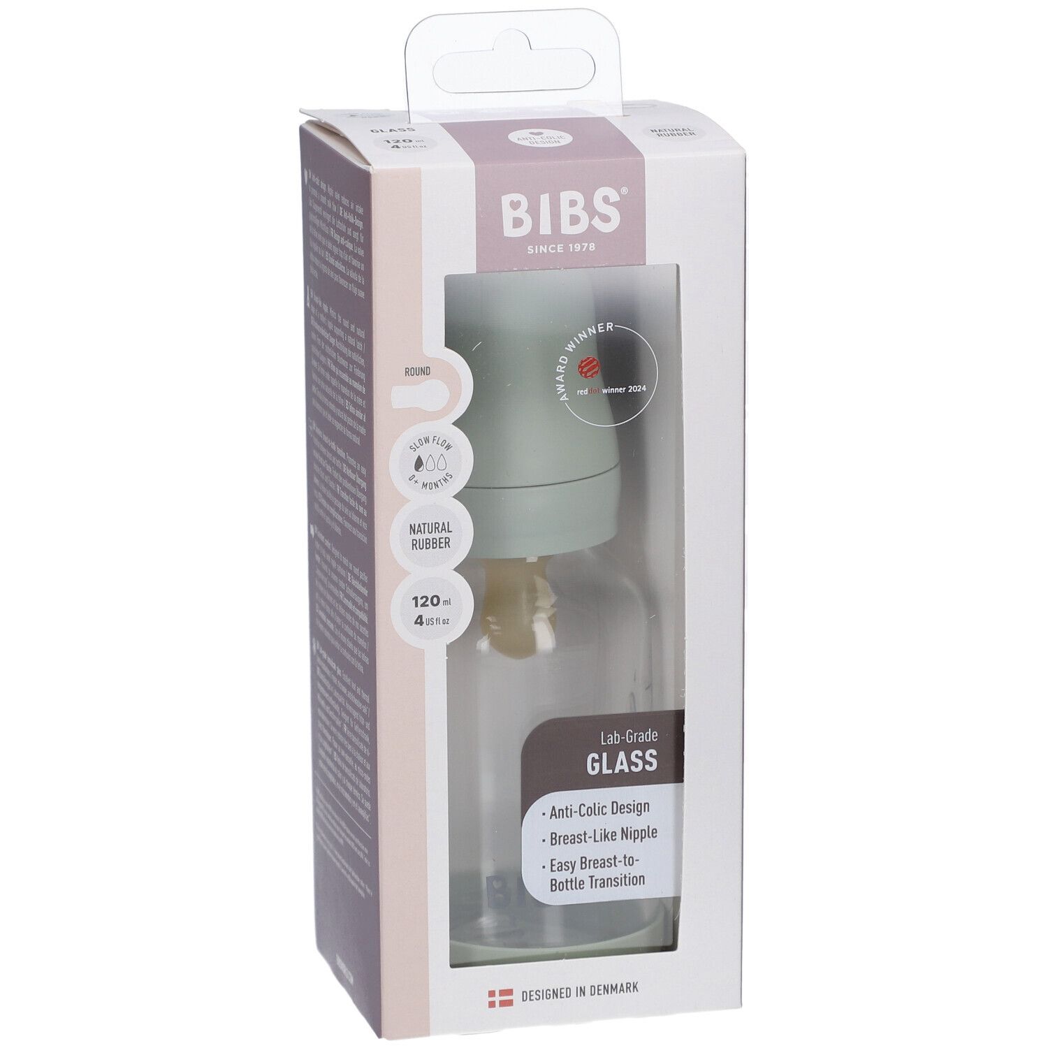 Biberon BIBS en emballage. Biberon en verre avec couvercle vert et tétine. Fenêtre montre le produit.