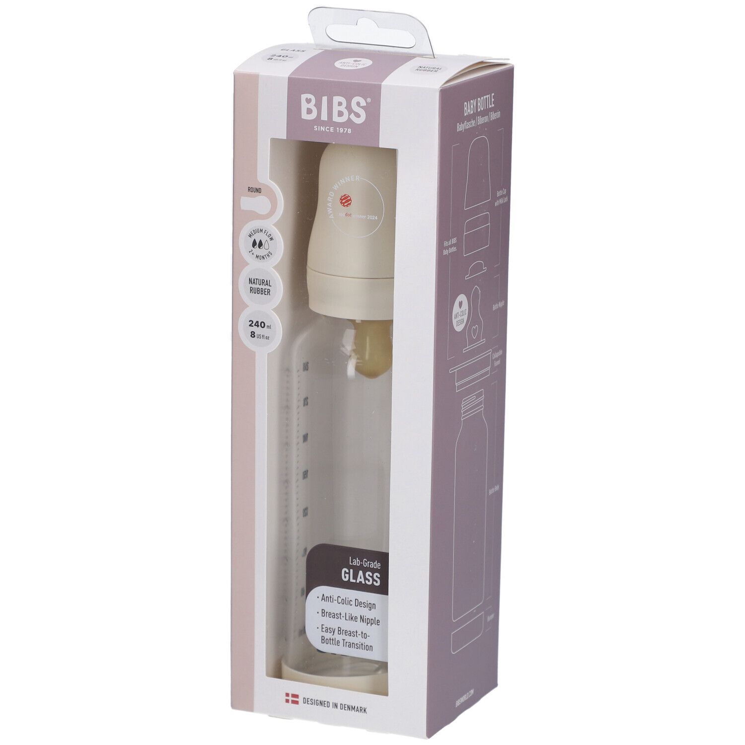 BIBS Biberon en Verre 240 ml Set Complet Ivory 2+ Mois
