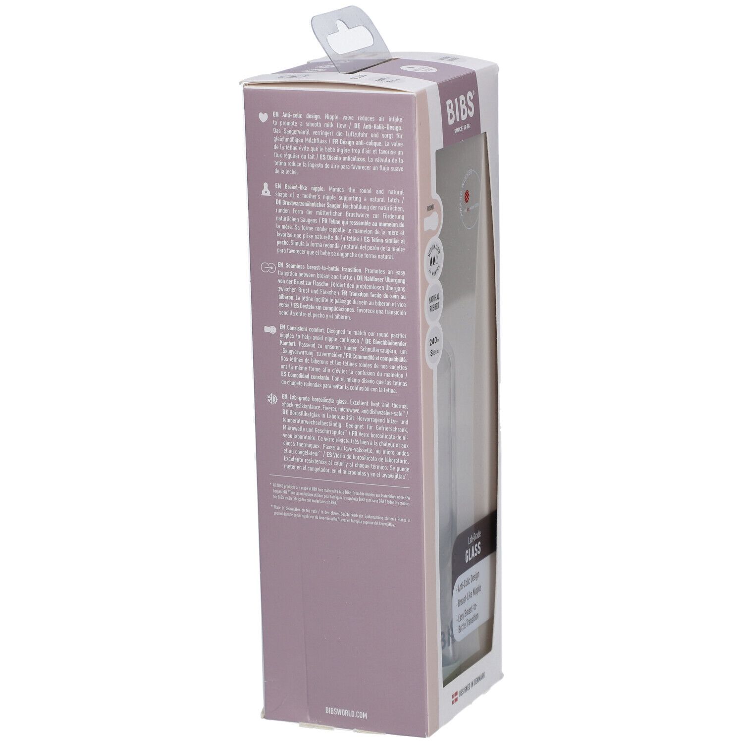 Emballage du biberon BIBS. Vue latérale avec informations et illustrations. Dispositif de suspension.