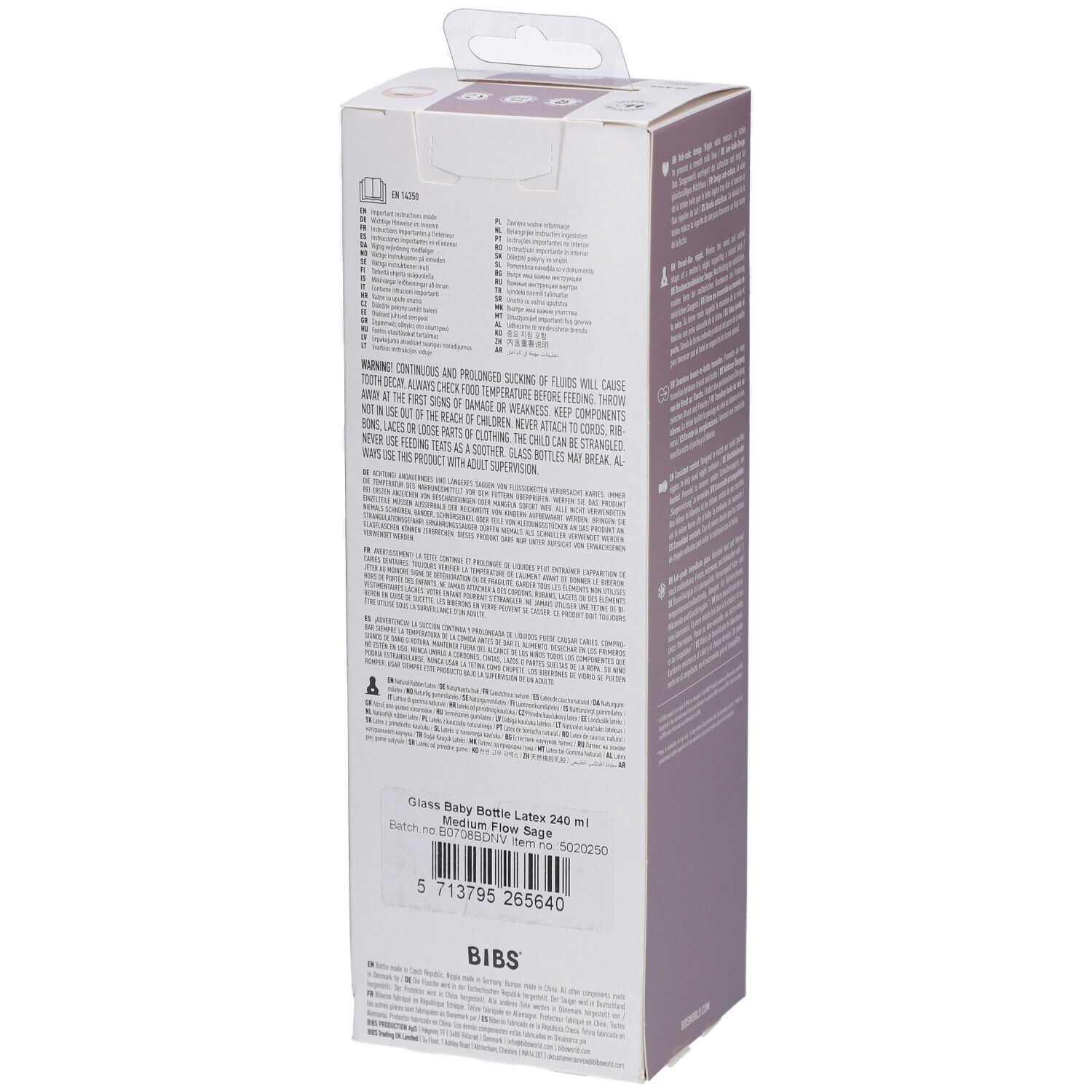 Dos de l'emballage du biberon BIBS. Informations textuelles, code-barres, informations fabricant. Dispositif de suspension.