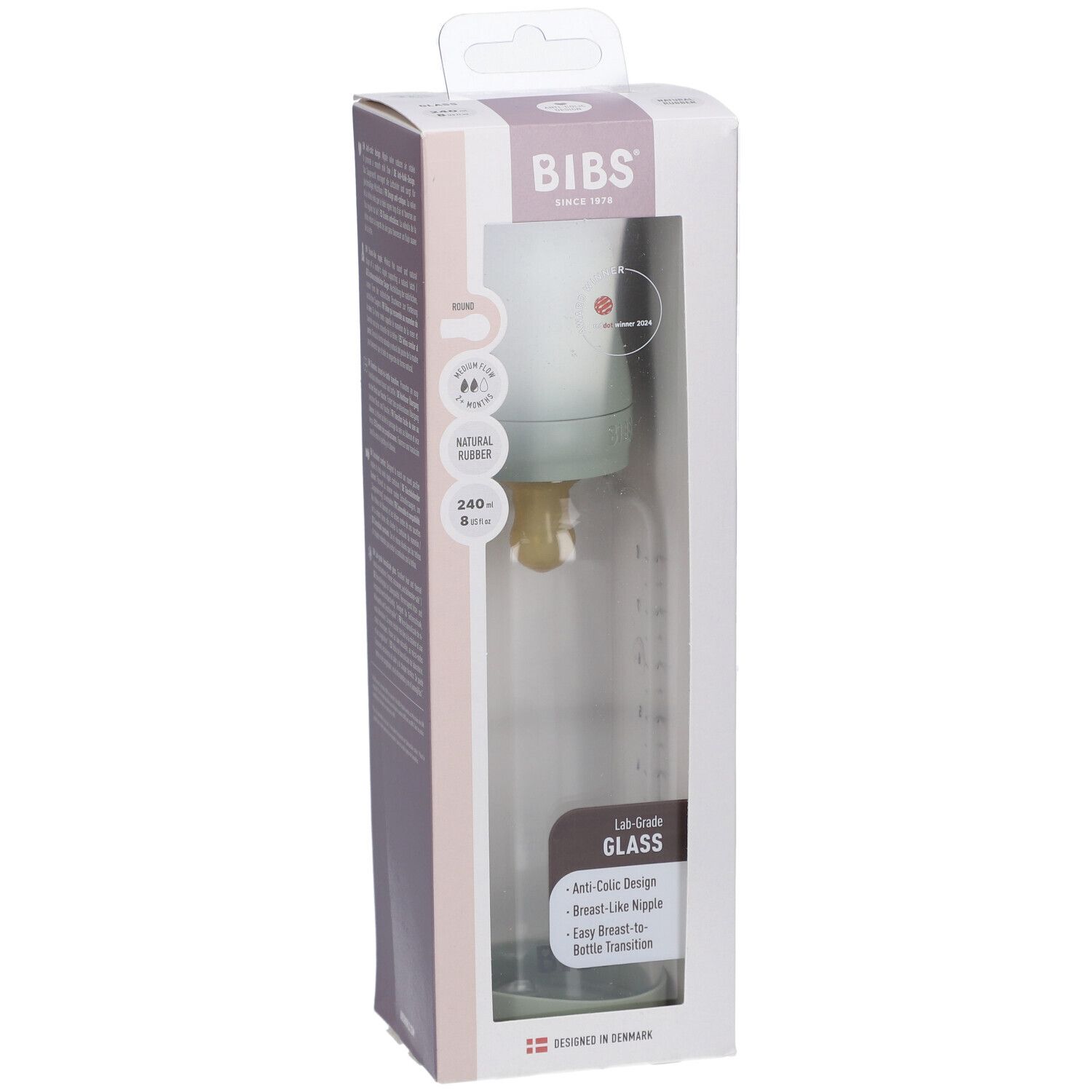 Biberon en verre BIBS, 240 ml, complet dans son emballage. Biberon, tétine, couvercle. Couleur sauge.