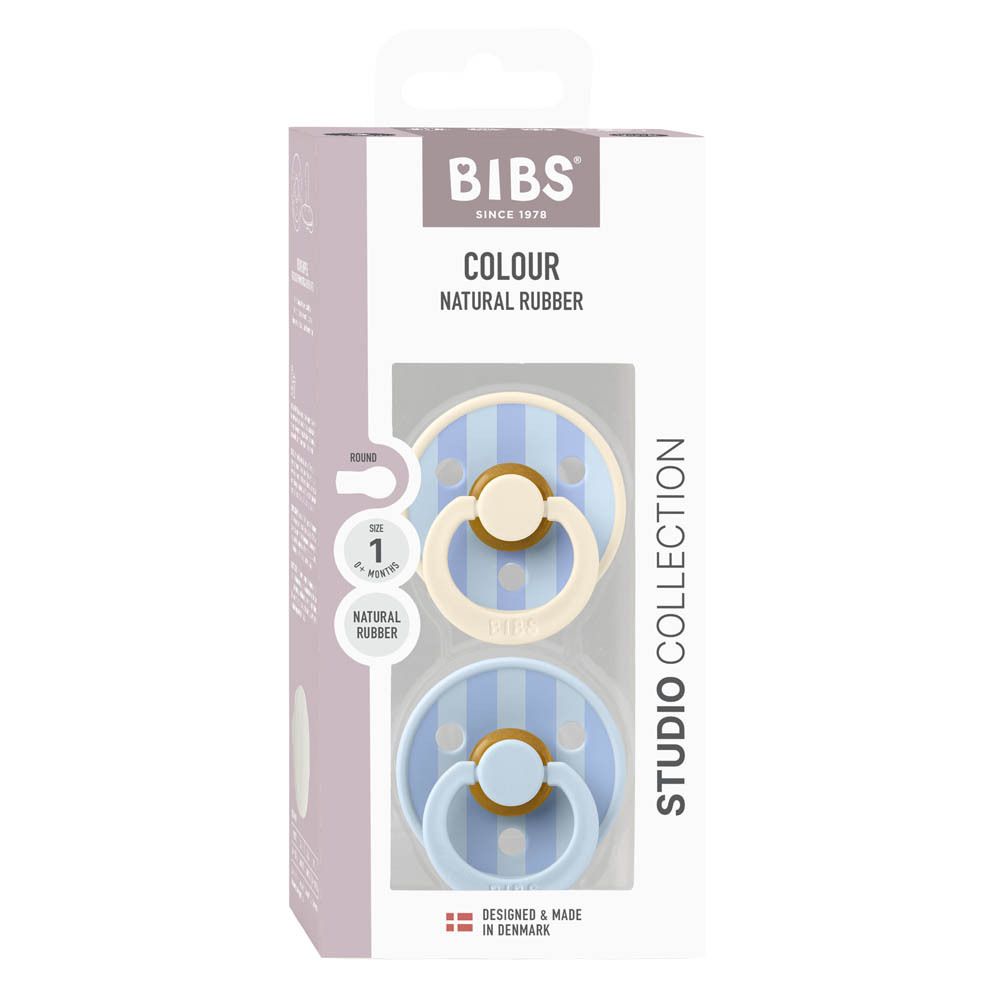 Boîte de deux sucettes. Sucettes bleues et crème à motifs rayés. Marque BIBS.