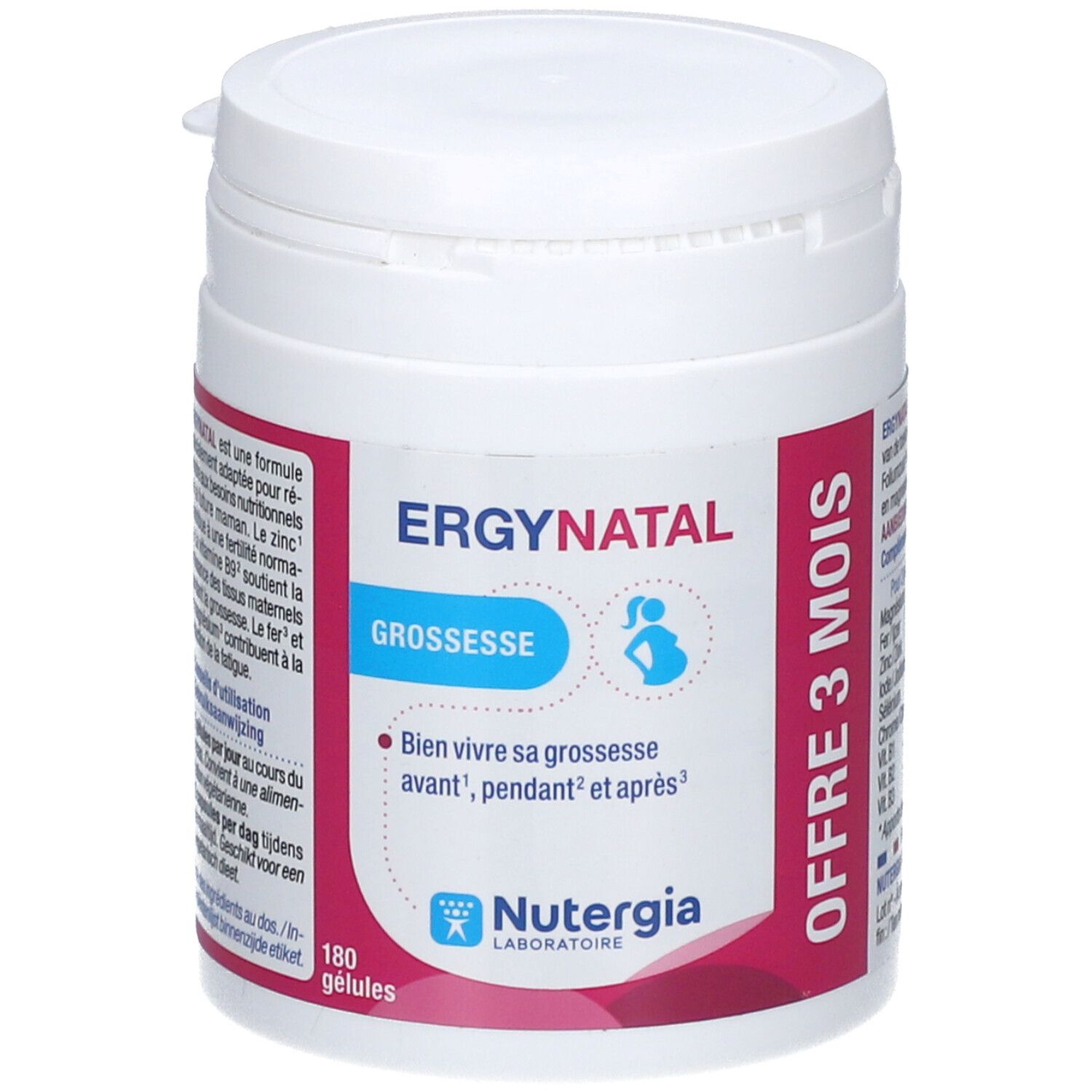 Pot blanc Ergynatal avec texte rouge et bleu. Inscription: Ergynatal, Grossesse, 180 gélules, Nutergia. Offre 3 mois.