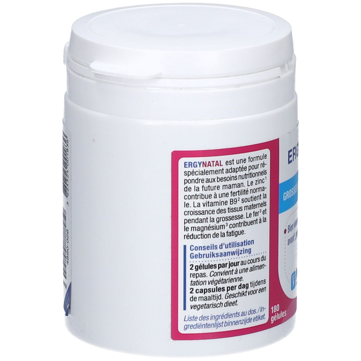 Pot blanc Ergynatal. Inscription: Ergynatal, Grossesse, 180 gélules, Nutergia. Texte en français et néerlandais.