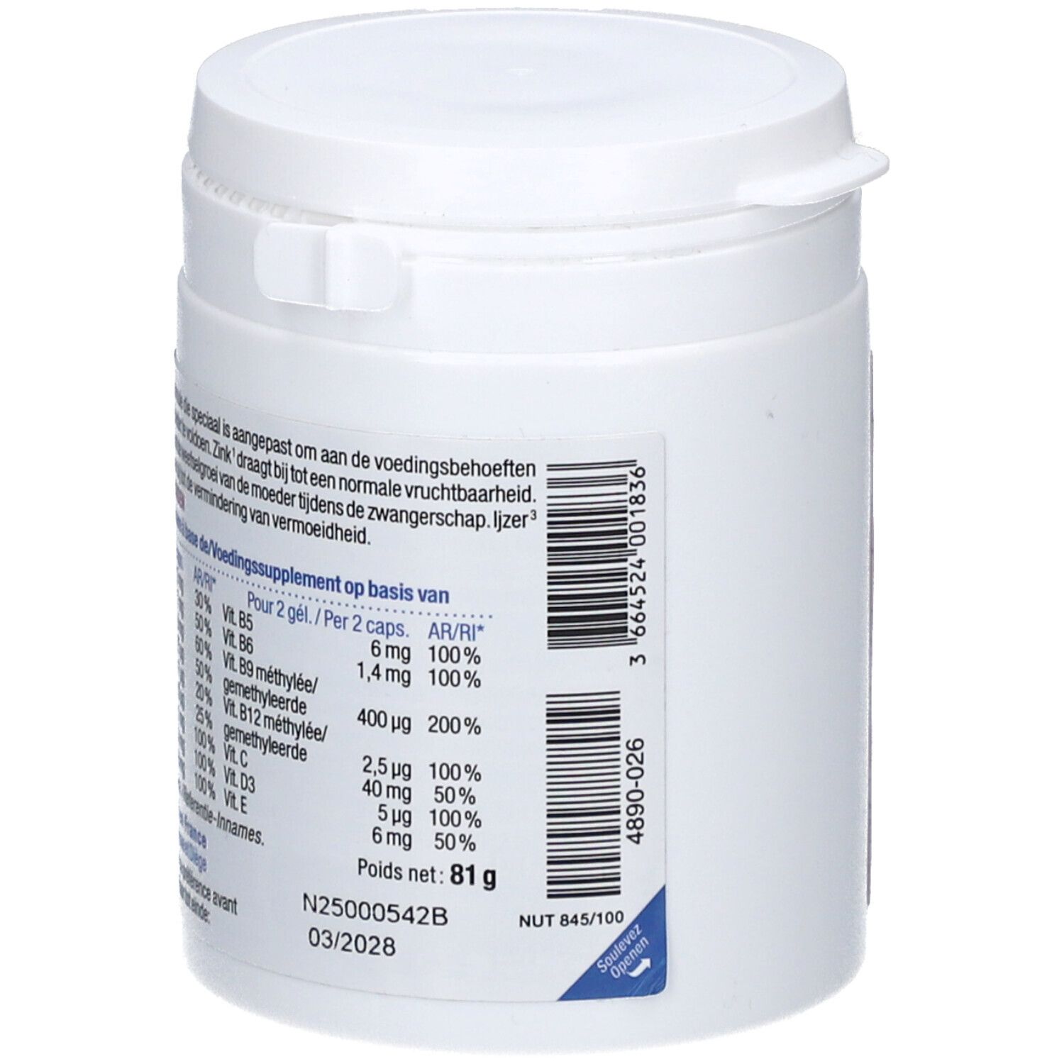 Pot blanc Ergynatal. Inscription: Ergynatal, Grossesse, 180 gélules, Nutergia. Informations nutritionnelles et code-barres.