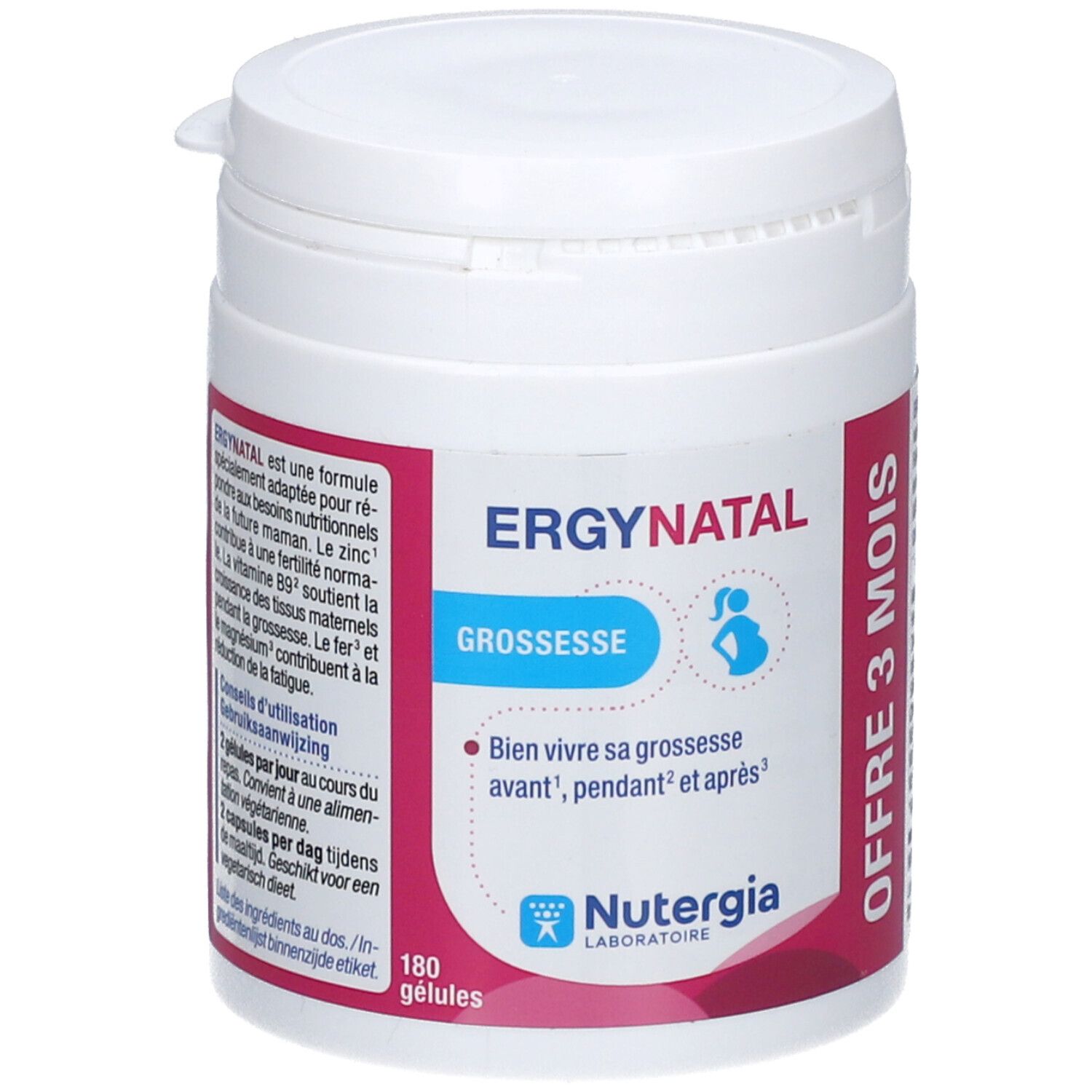 Pot blanc Ergynatal avec texte rouge et bleu. Inscription: Ergynatal, Grossesse, 180 gélules, Nutergia. Offre 3 mois.